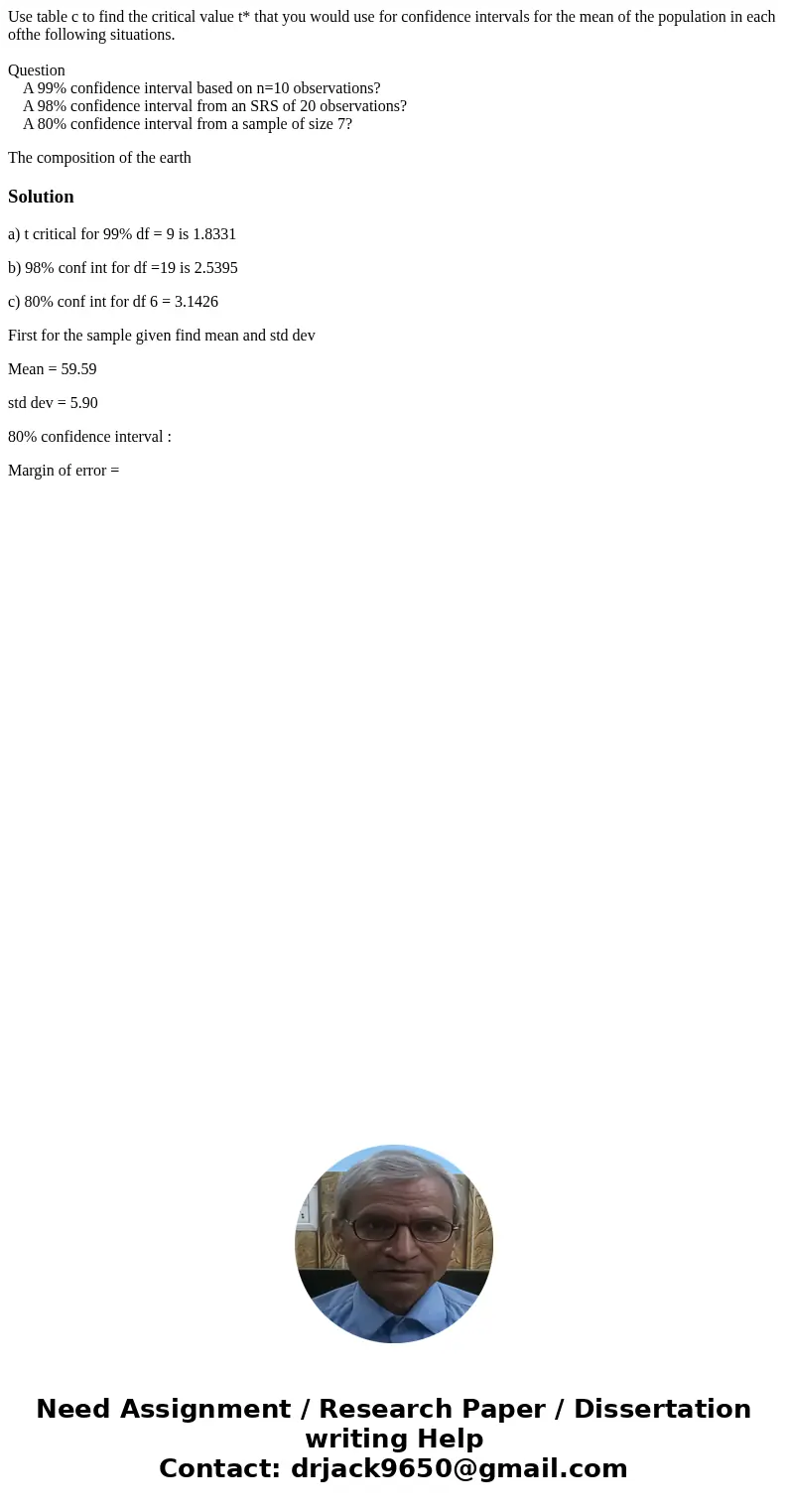Use table c to find the critical value t* that you would use for confidence intervals for the mean of the population in each ofthe following situations. Questio Use table c to find the critical value t* that you would use for confidence intervals for the mean of the population in each ofthe following situations. Questio