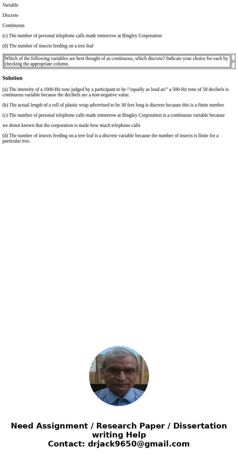 Variable Discrete Continuous (c) The number of personal telephone calls made tomorrow at Bingley Corporation (d) The number of insects feeding on a tree leaf Wh Variable Discrete Continuous (c) The number of personal telephone calls made tomorrow at Bingley Corporation (d) The number of insects feeding on a tree leaf Wh