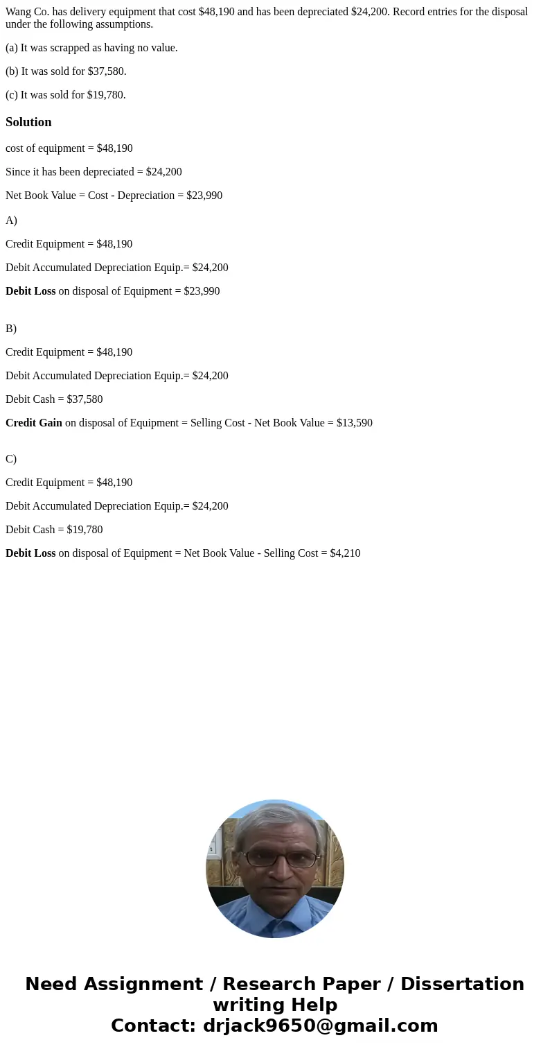 Wang Co. has delivery equipment that cost $48,190 and has been depreciated $24,200. Record entries for the disposal under the following assumptions. (a) It was  Wang Co. has delivery equipment that cost $48,190 and has been depreciated $24,200. Record entries for the disposal under the following assumptions. (a) It was