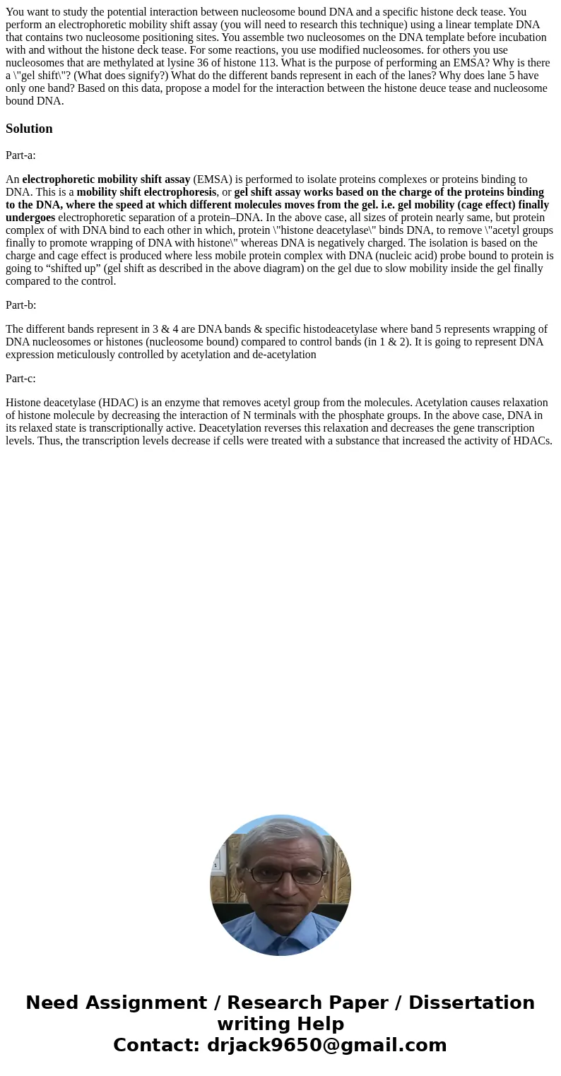  You want to study the potential interaction between nucleosome bound DNA and a specific histone deck tease. You perform an electrophoretic mobility shift assay