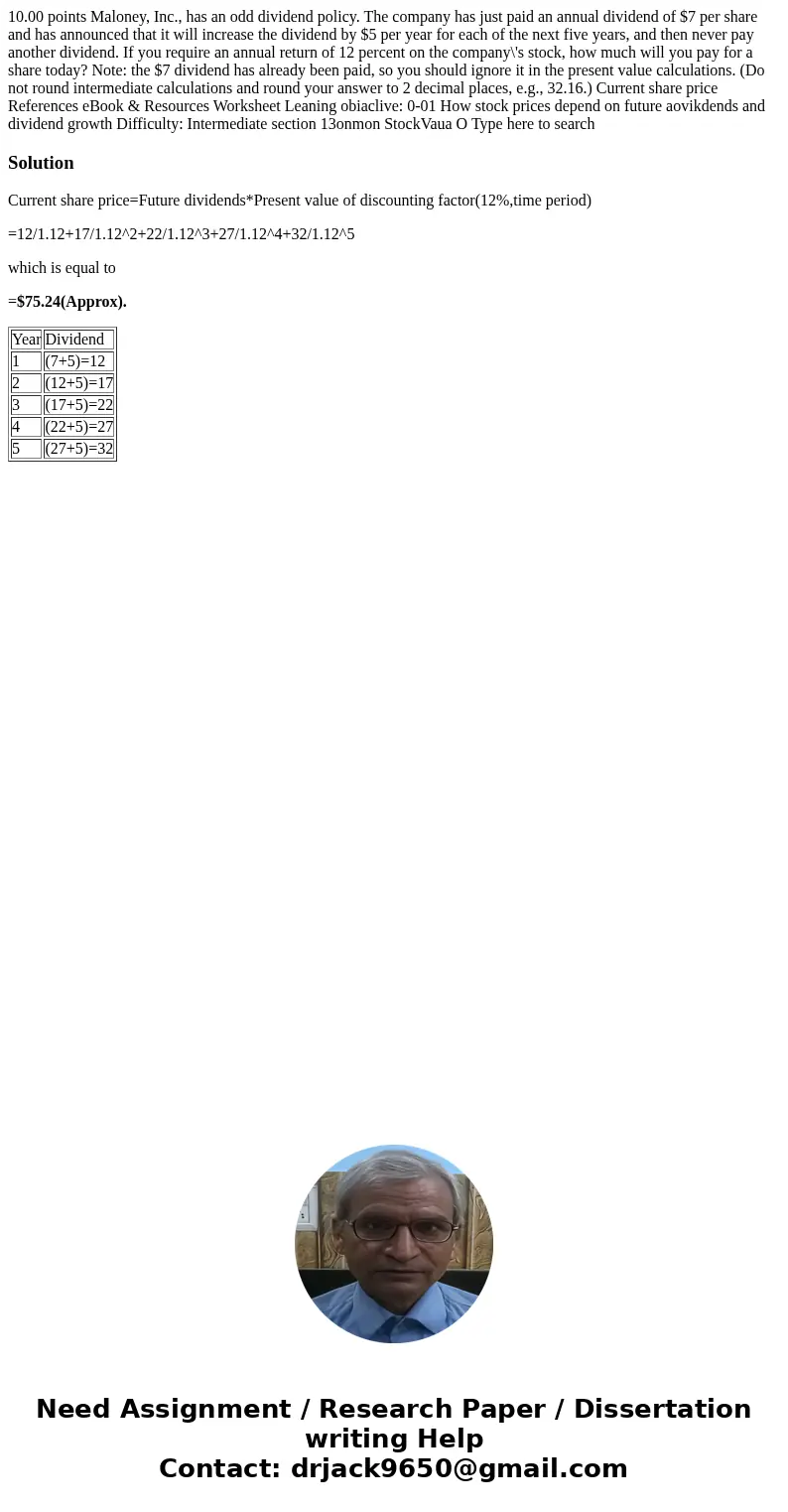  10.00 points Maloney, Inc., has an odd dividend policy. The company has just paid an annual dividend of $7 per share and has announced that it will increase th