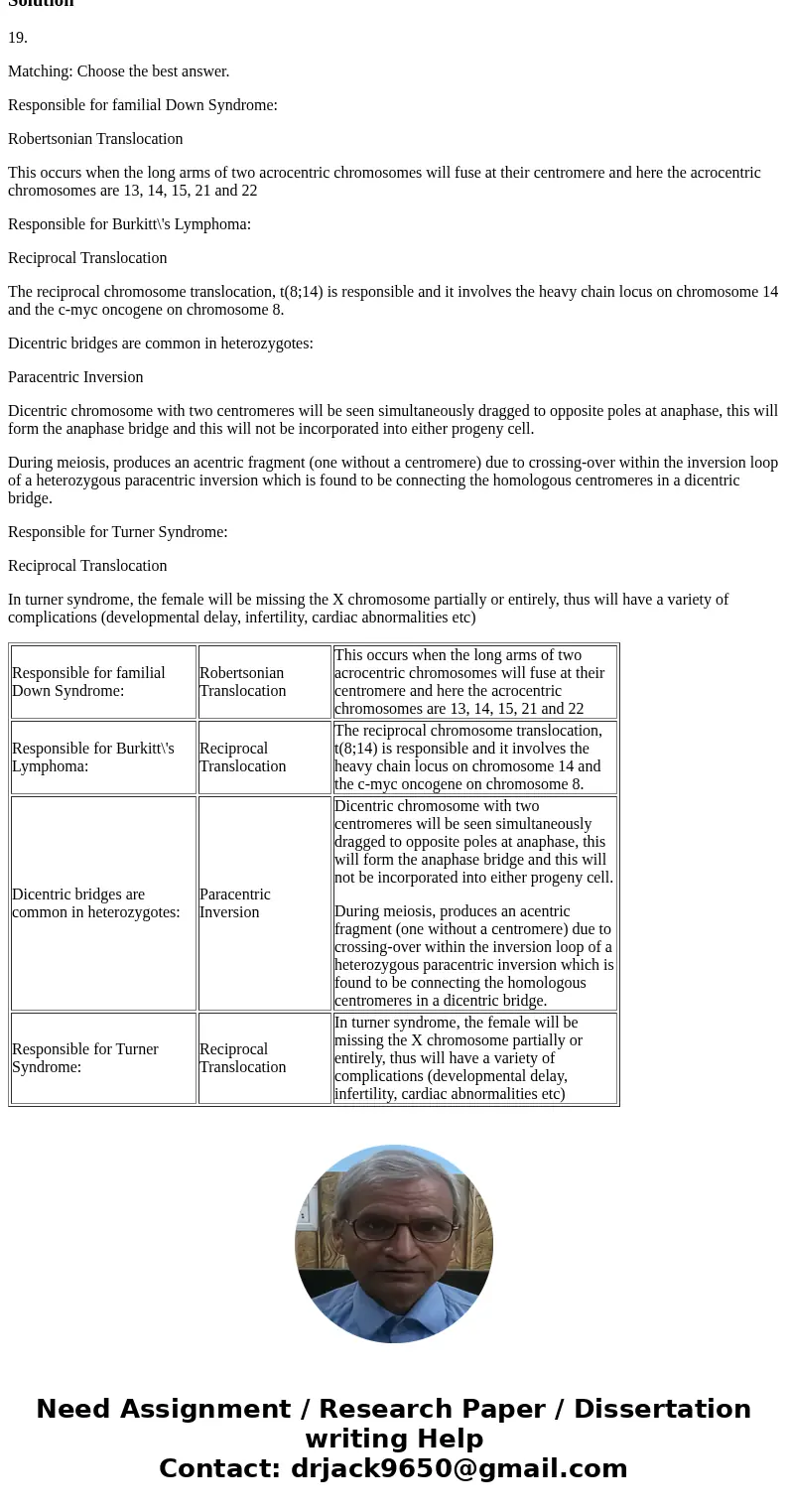 19. Matching: Choose the best answer. Responsible for familial Down Syndrome: Responsible for Burkitt\'s Lymphoma: Dicentric bridges are common in heterozygotes 19. Matching: Choose the best answer. Responsible for familial Down Syndrome: Responsible for Burkitt\'s Lymphoma: Dicentric bridges are common in heterozygotes