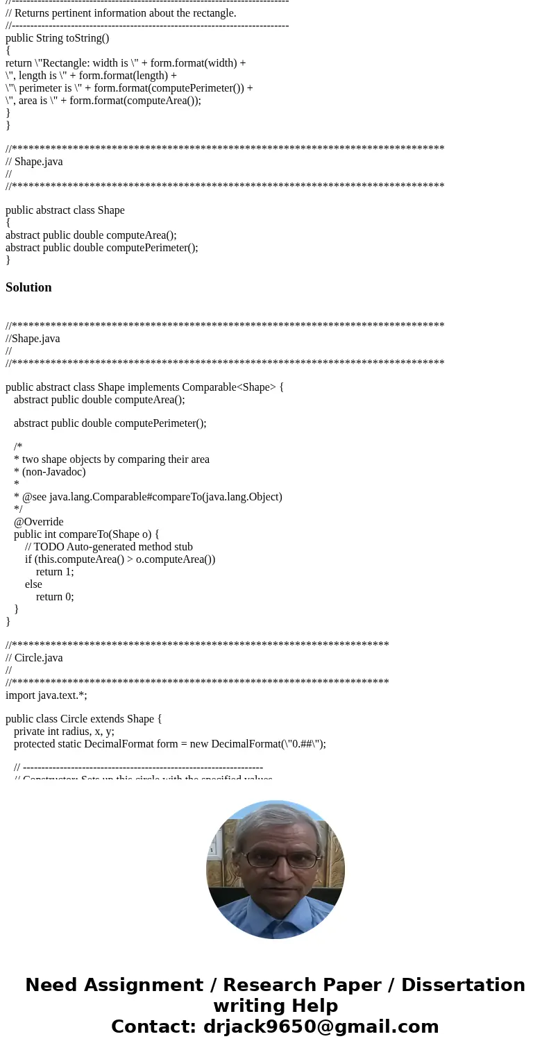 (1)Objective: Implement java.util.Comparator to determine the order of arbitrary objects. (1 points) Write a java program to determine the order of two shape ob (1)Objective: Implement java.util.Comparator to determine the order of arbitrary objects. (1 points) Write a java program to determine the order of two shape ob
