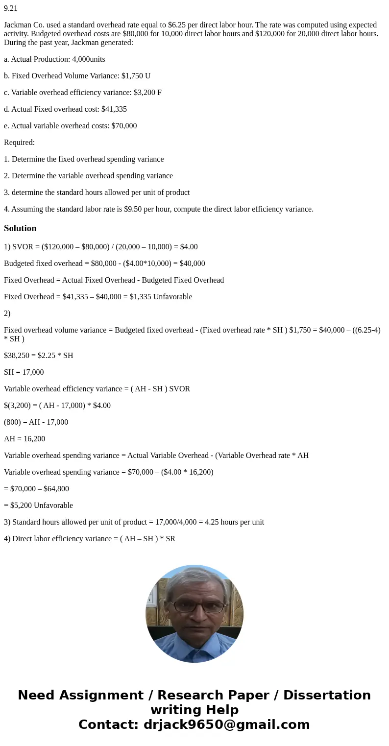 9.21 Jackman Co. used a standard overhead rate equal to $6.25 per direct labor hour. The rate was computed using expected activity. Budgeted overhead costs are 