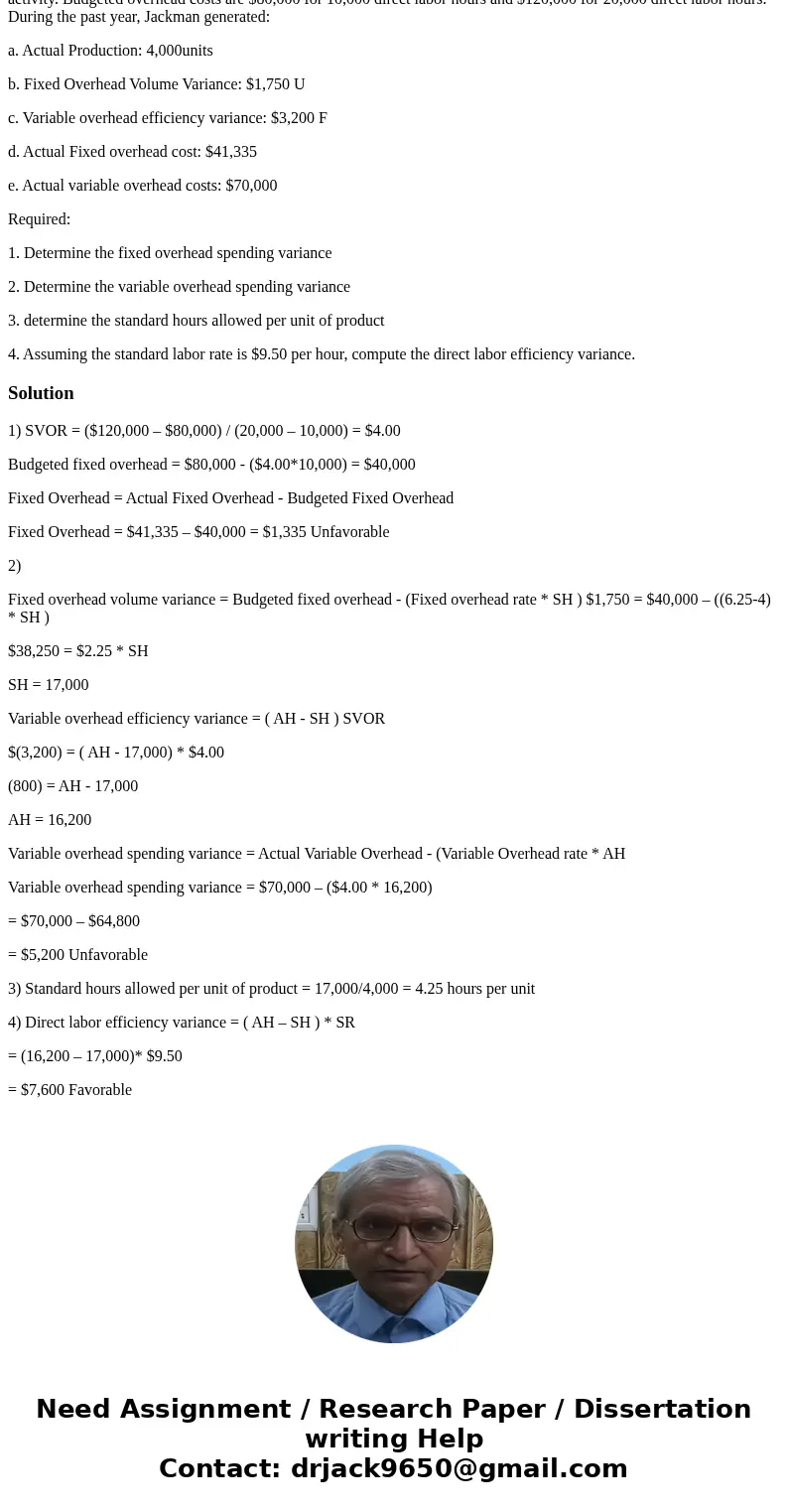 9.21 Jackman Co. used a standard overhead rate equal to $6.25 per direct labor hour. The rate was computed using expected activity. Budgeted overhead costs are 