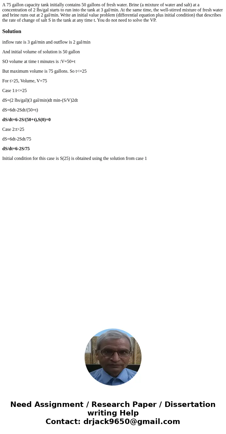 A 75 gallon capacity tank initially contains 50 gallons of fresh water. Brine (a mixture of water and salt) at a concentration of 2 lbs/gal starts to run into   A 75 gallon capacity tank initially contains 50 gallons of fresh water. Brine (a mixture of water and salt) at a concentration of 2 lbs/gal starts to run into
