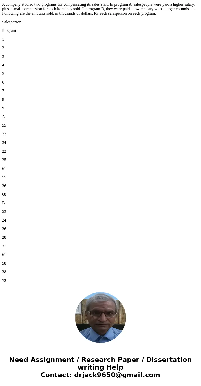 A company studied two programs for compensating its sales staff. In program A, salespeople were paid a higher salary, plus a small commission for each item they