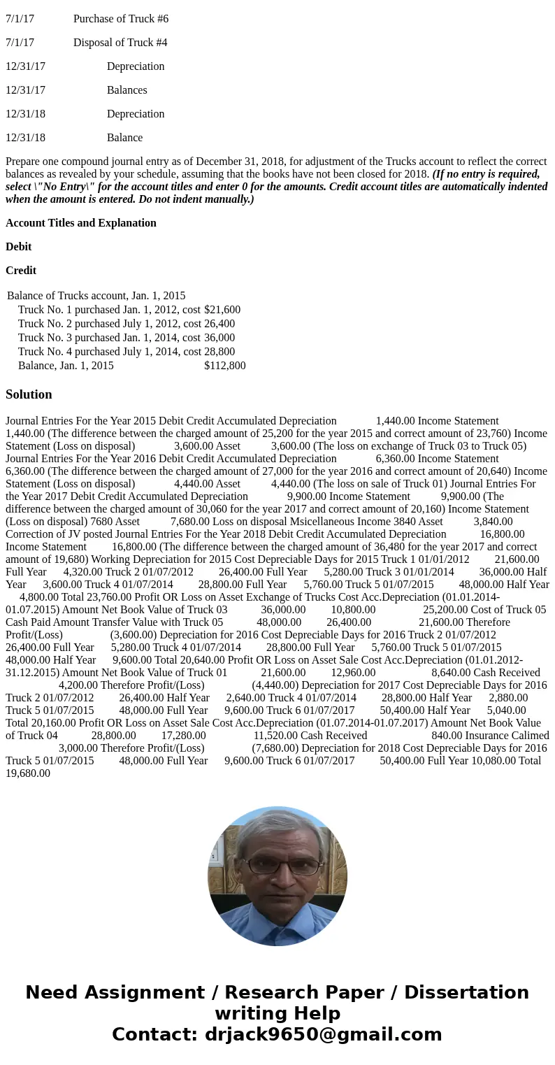 A depreciation schedule for semi-trucks of Martinez Manufacturing Company was requested by your auditor soon after December 31, 2018, showing the additions, ret A depreciation schedule for semi-trucks of Martinez Manufacturing Company was requested by your auditor soon after December 31, 2018, showing the additions, ret