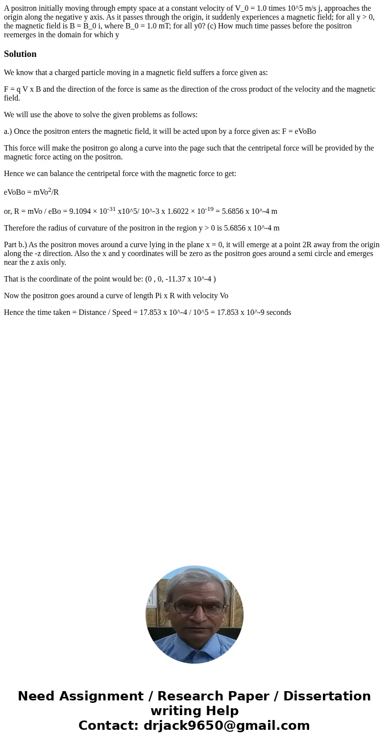 A positron initially moving through empty space at a constant velocity of V_0 = 1.0 times 10^5 m/s j, approaches the origin along the negative y axis. As it pa  A positron initially moving through empty space at a constant velocity of V_0 = 1.0 times 10^5 m/s j, approaches the origin along the negative y axis. As it pa