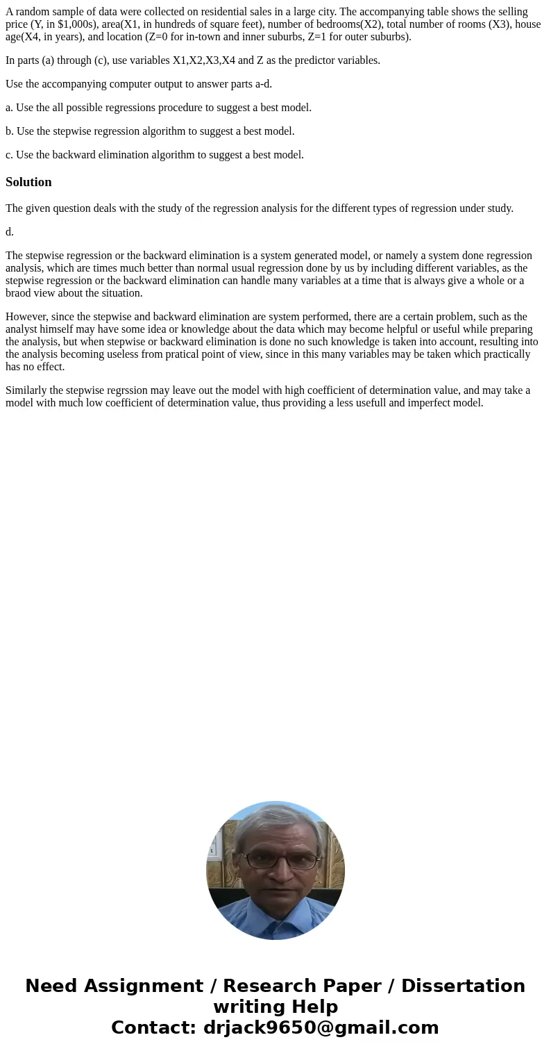 A random sample of data were collected on residential sales in a large city. The accompanying table shows the selling price (Y, in $1,000s), area(X1, in hundred