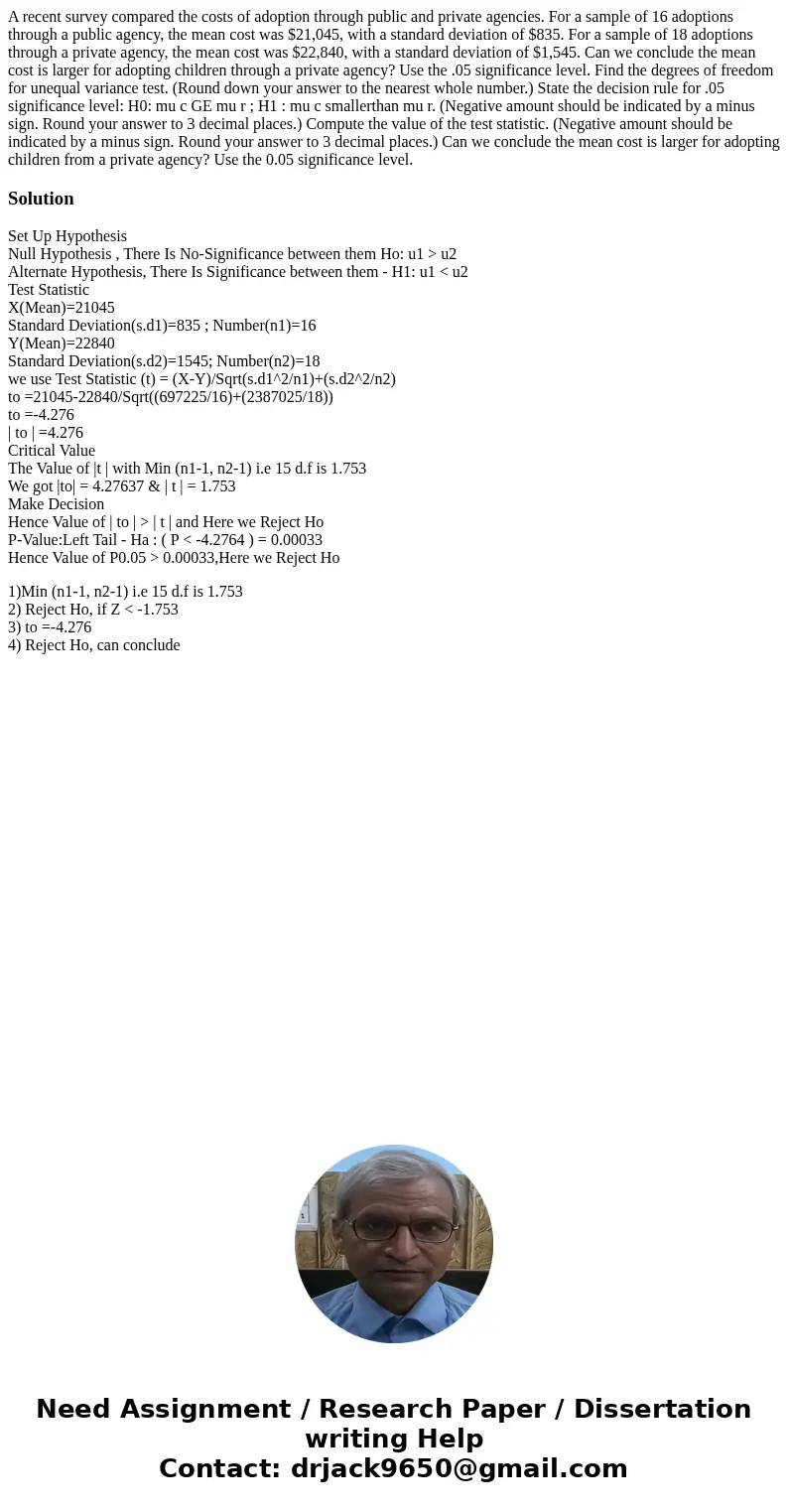  A recent survey compared the costs of adoption through public and private agencies. For a sample of 16 adoptions through a public agency, the mean cost was $21