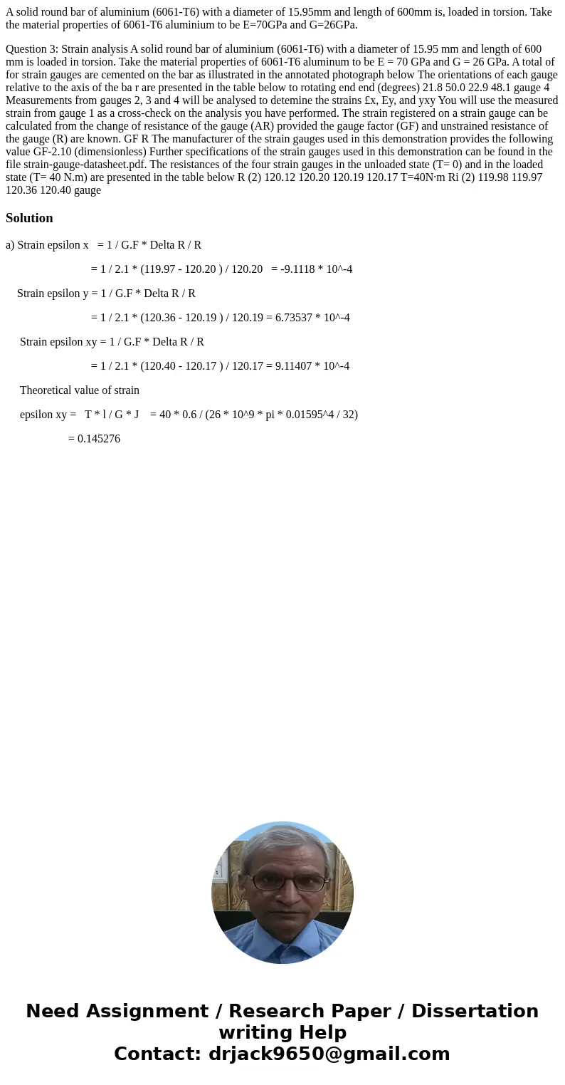 A solid round bar of aluminium (6061-T6) with a diameter of 15.95mm and length of 600mm is, loaded in torsion. Take the material properties of 6061-T6 aluminium