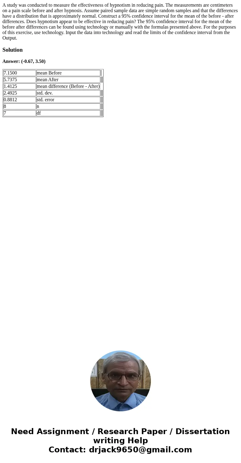  A study was conducted to measure the effectiveness of hypnotism in reducing pain. The measurements are centimeters on a pain scale before and after hypnosis. A