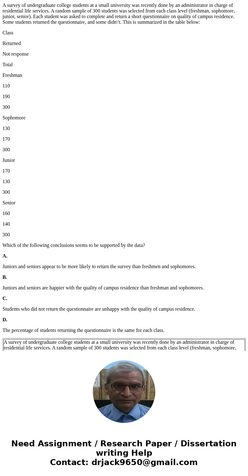 A survey of undergraduate college students at a small university was recently done by an administrator in charge of residential life services. A random sample o A survey of undergraduate college students at a small university was recently done by an administrator in charge of residential life services. A random sample o