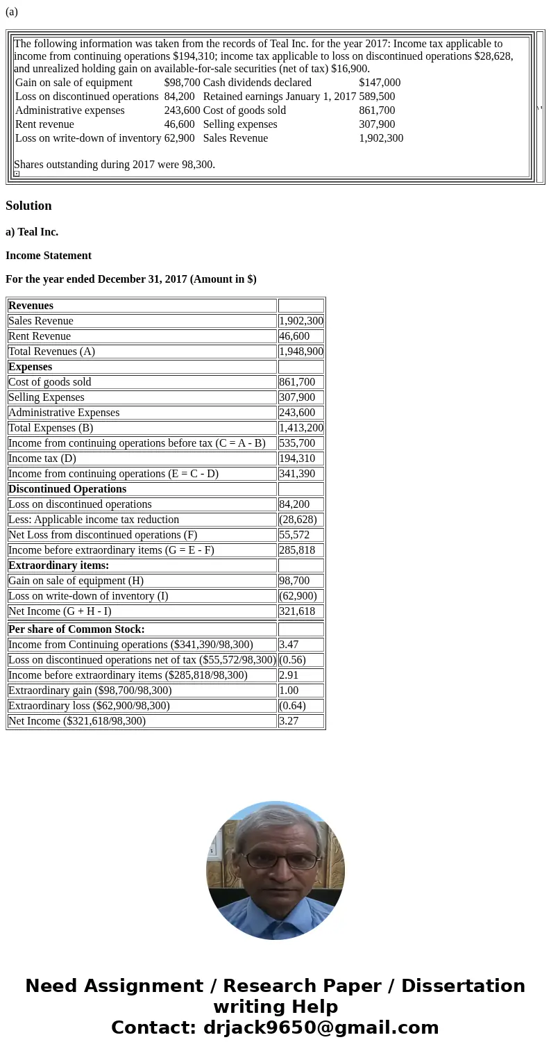 (a) The following information was taken from the records of Teal Inc. for the year 2017: Income tax applicable to income from continuing operations $194,310; in