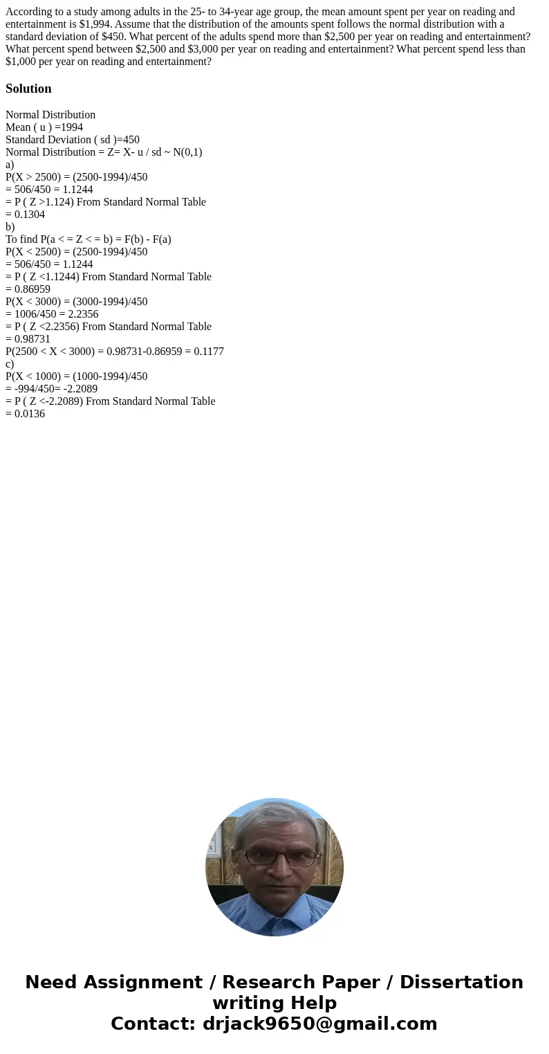 According to a study among adults in the 25- to 34-year age group, the mean amount spent per year on reading and entertainment is $1,994. Assume that the distr  According to a study among adults in the 25- to 34-year age group, the mean amount spent per year on reading and entertainment is $1,994. Assume that the distr