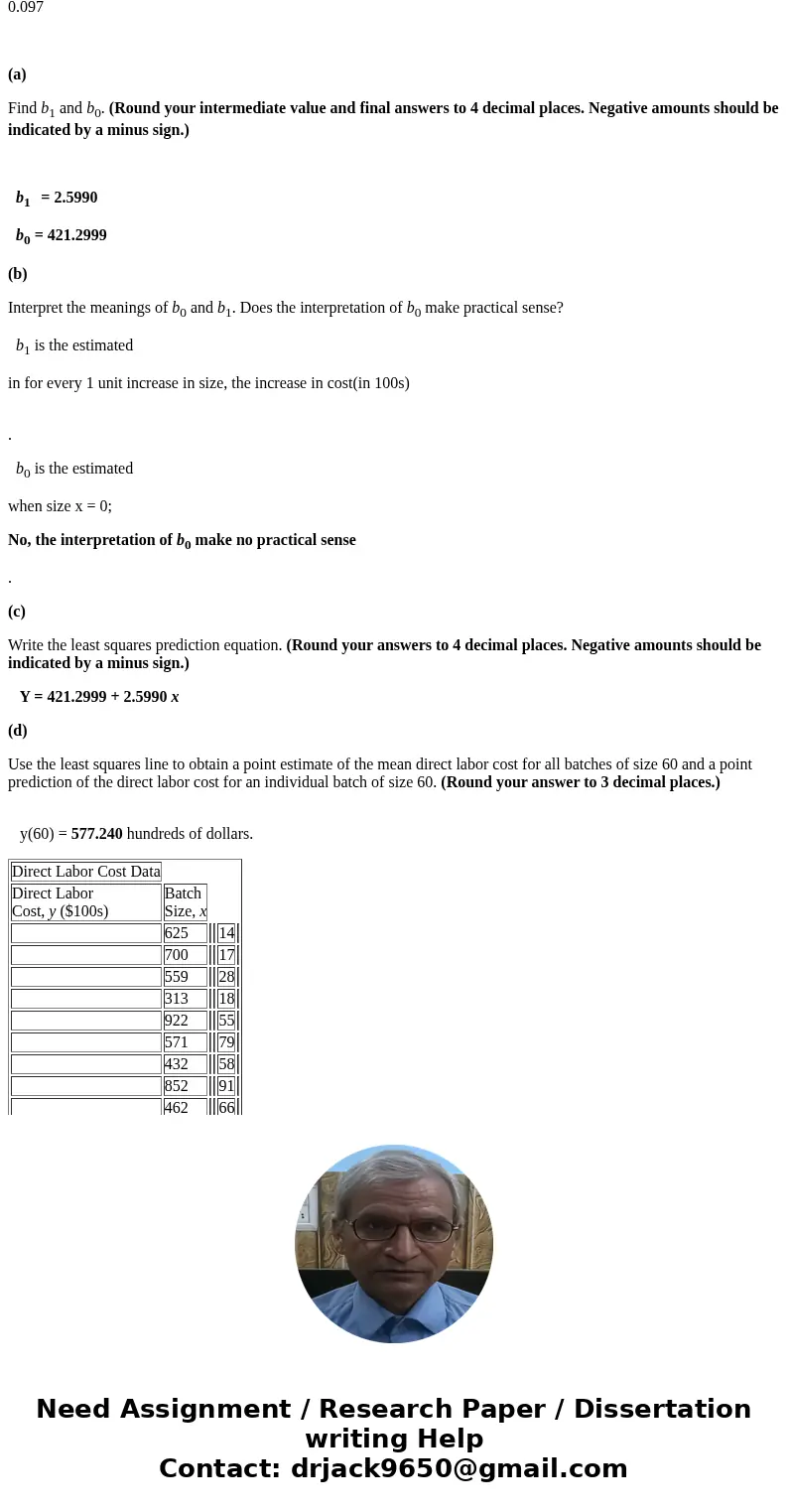 An accountant wishes to predict direct labor cost (y) on the basis of the batch size (x) of a product produced in a job shop. Data for 12 production runs are gi