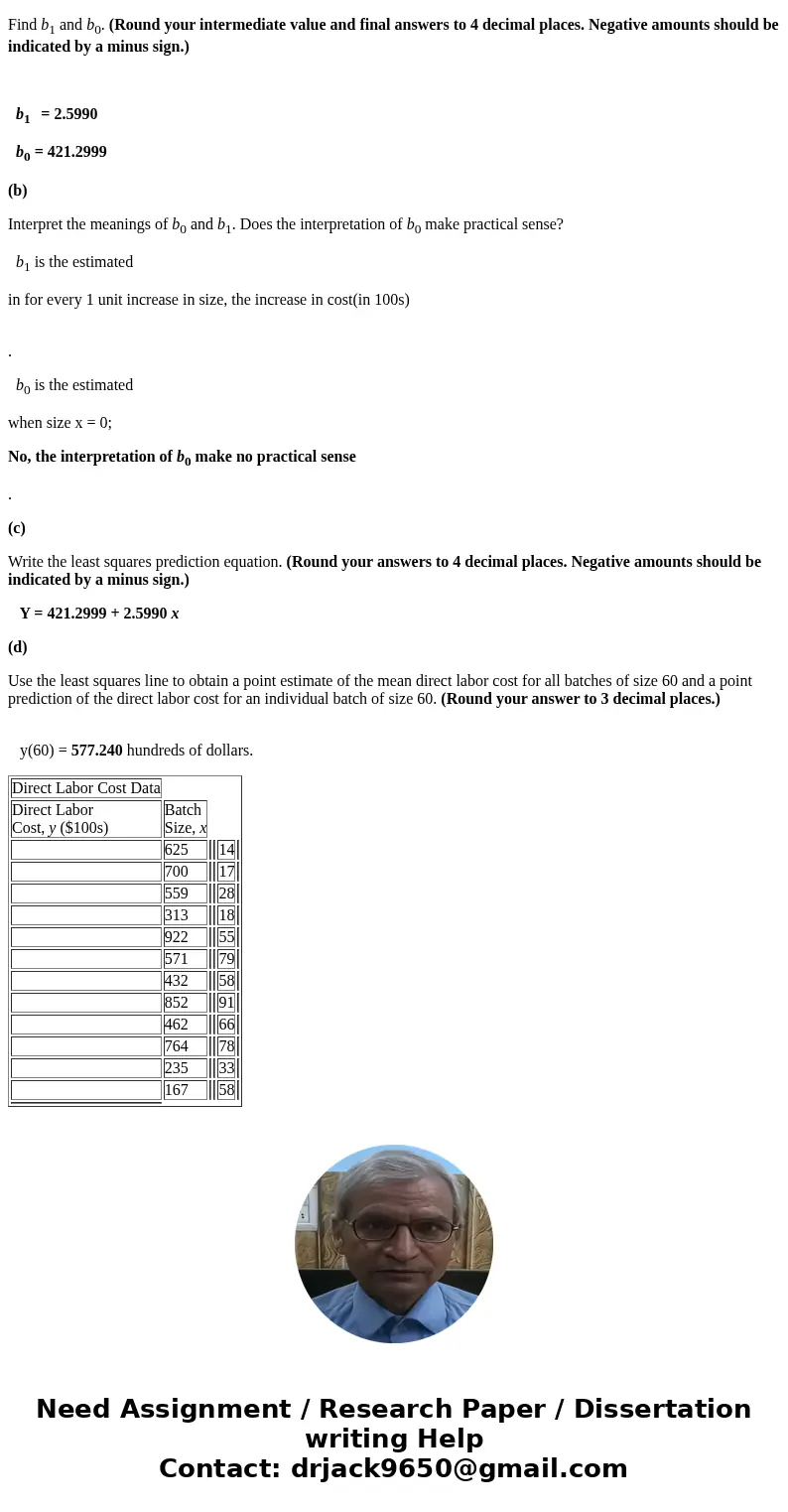 An accountant wishes to predict direct labor cost (y) on the basis of the batch size (x) of a product produced in a job shop. Data for 12 production runs are gi