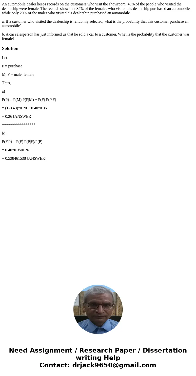 An automobile dealer keeps records on the customers who visit the showroom. 40% of the people who visited the dealership were female. The records show that 35% 