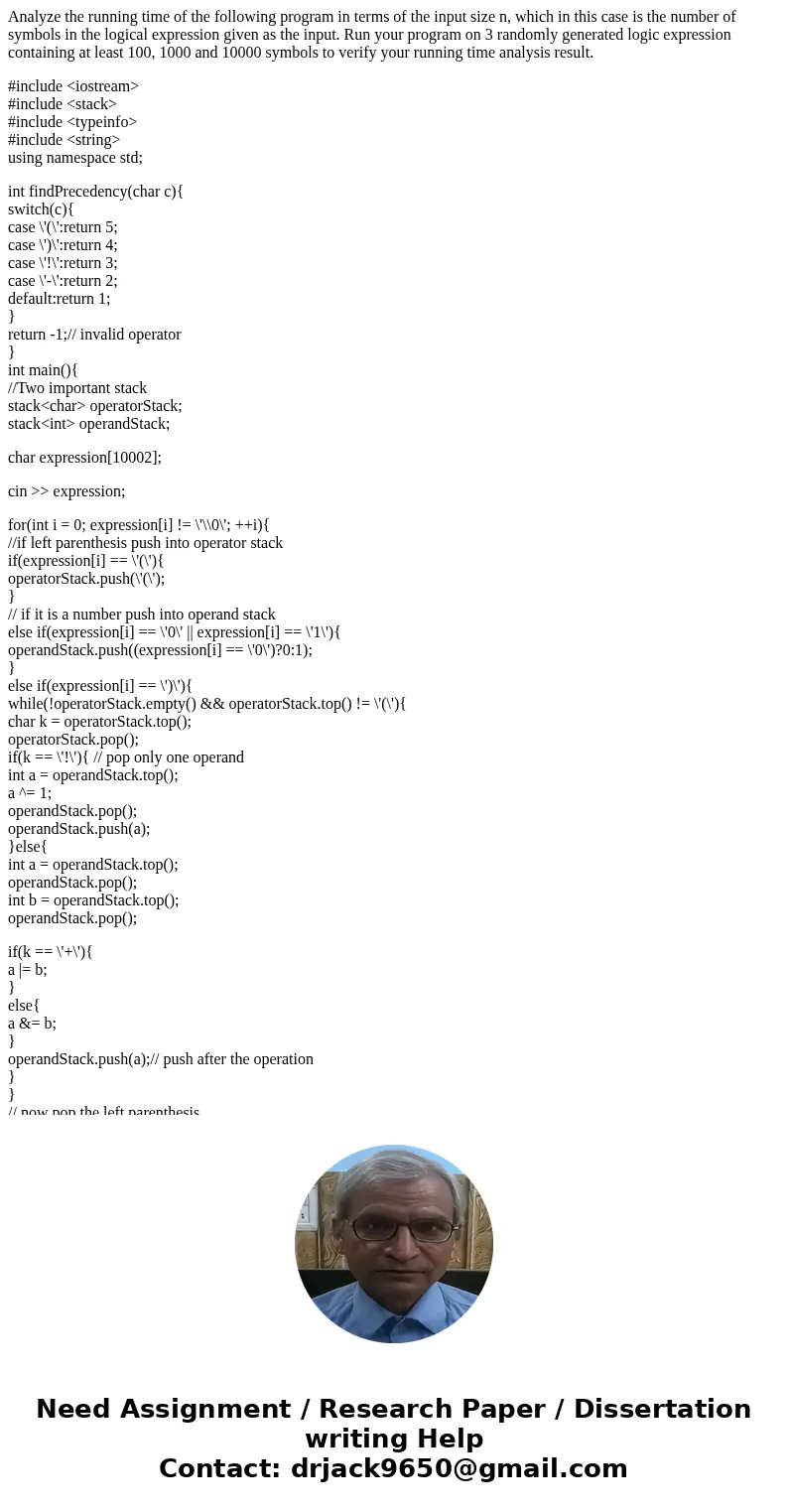 Analyze the running time of the following program in terms of the input size n, which in this case is the number of symbols in the logical expression given as t Analyze the running time of the following program in terms of the input size n, which in this case is the number of symbols in the logical expression given as t