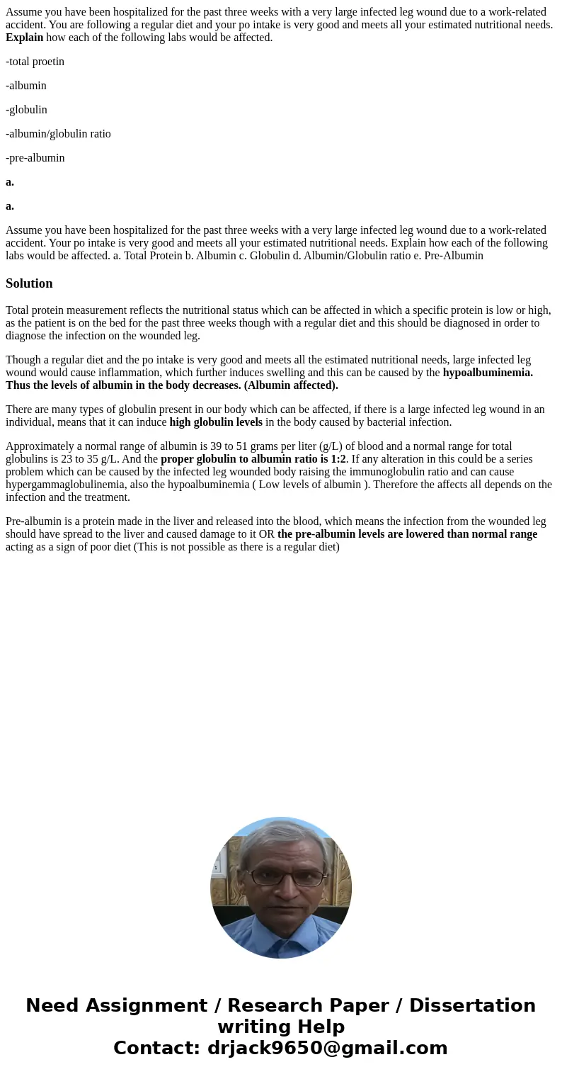 Assume you have been hospitalized for the past three weeks with a very large infected leg wound due to a work-related accident. You are following a regular diet