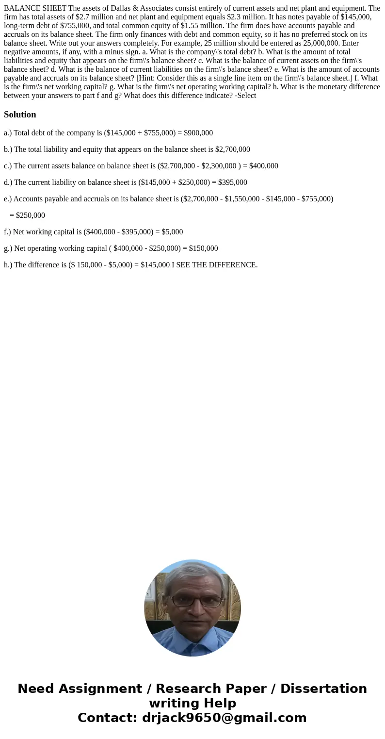 BALANCE SHEET The assets of Dallas & Associates consist entirely of current assets and net plant and equipment. The firm has total assets of $2.7 million a  BALANCE SHEET The assets of Dallas & Associates consist entirely of current assets and net plant and equipment. The firm has total assets of $2.7 million a