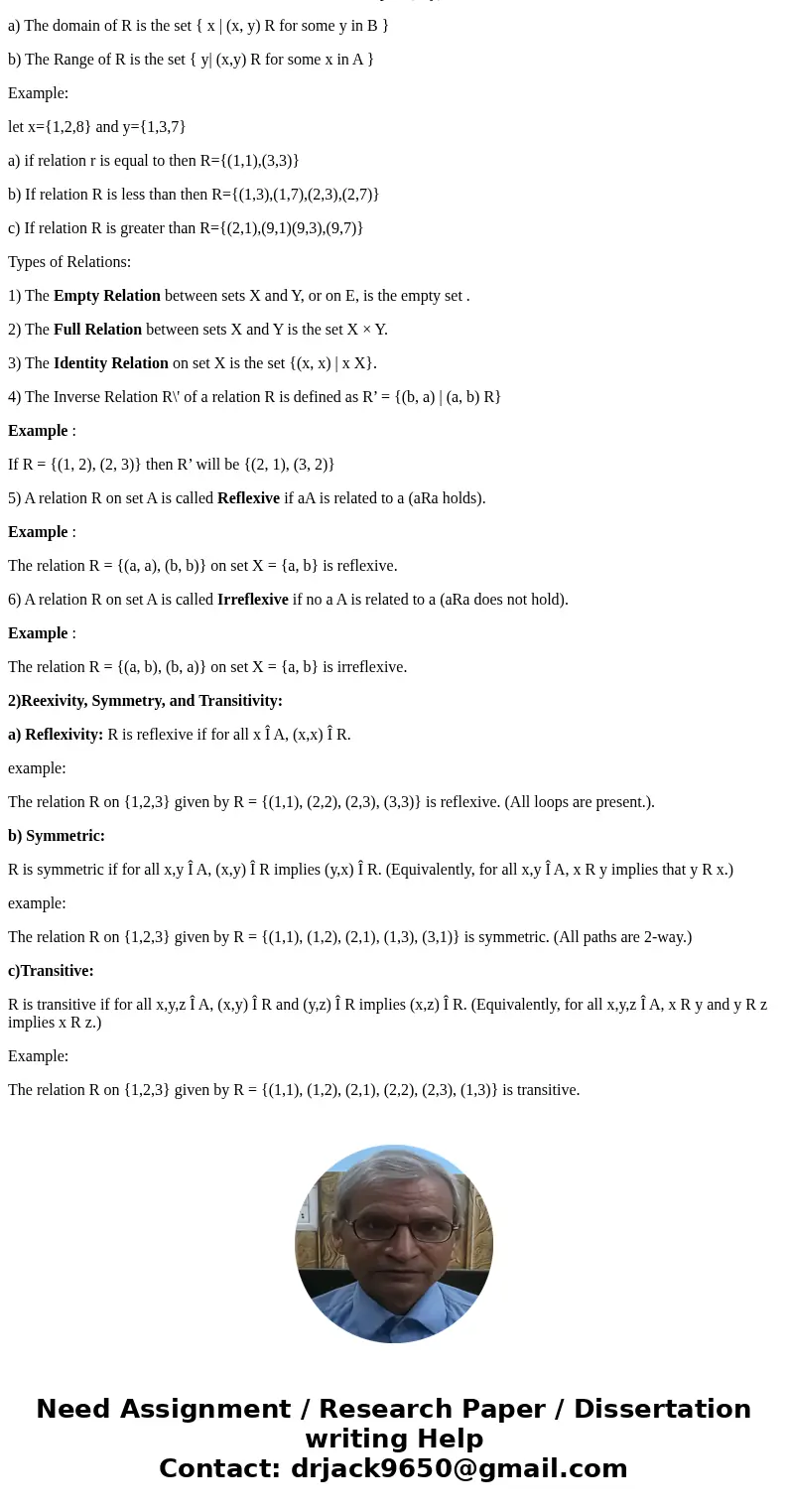 Briefly discuss the Relations on Sets, give examples. 2. Briefly discuss introduce Reexivity, Symmetry, and Transitivity, give examplesSolutionANSWER: Relation: