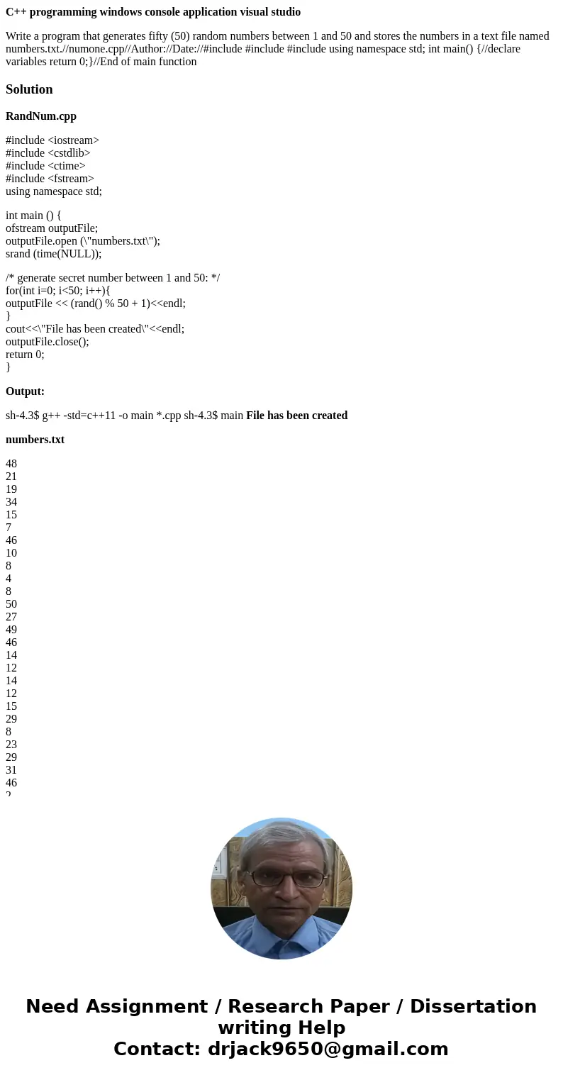 C++ programming windows console application visual studio Write a program that generates fifty (50) random numbers between 1 and 50 and stores the numbers in a  C++ programming windows console application visual studio Write a program that generates fifty (50) random numbers between 1 and 50 and stores the numbers in a