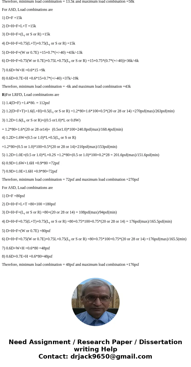 Calculate the maximum and minimum ASD and LRFD Load Combinations for: A. D = 15k, E = +/-40k D = 24psi, Lr = 18psf, w = +/-45psf SolutionA)For LRFD, Load combi  Calculate the maximum and minimum ASD and LRFD Load Combinations for: A. D = 15k, E = +/-40k D = 24psi, Lr = 18psf, w = +/-45psf SolutionA)For LRFD, Load combi