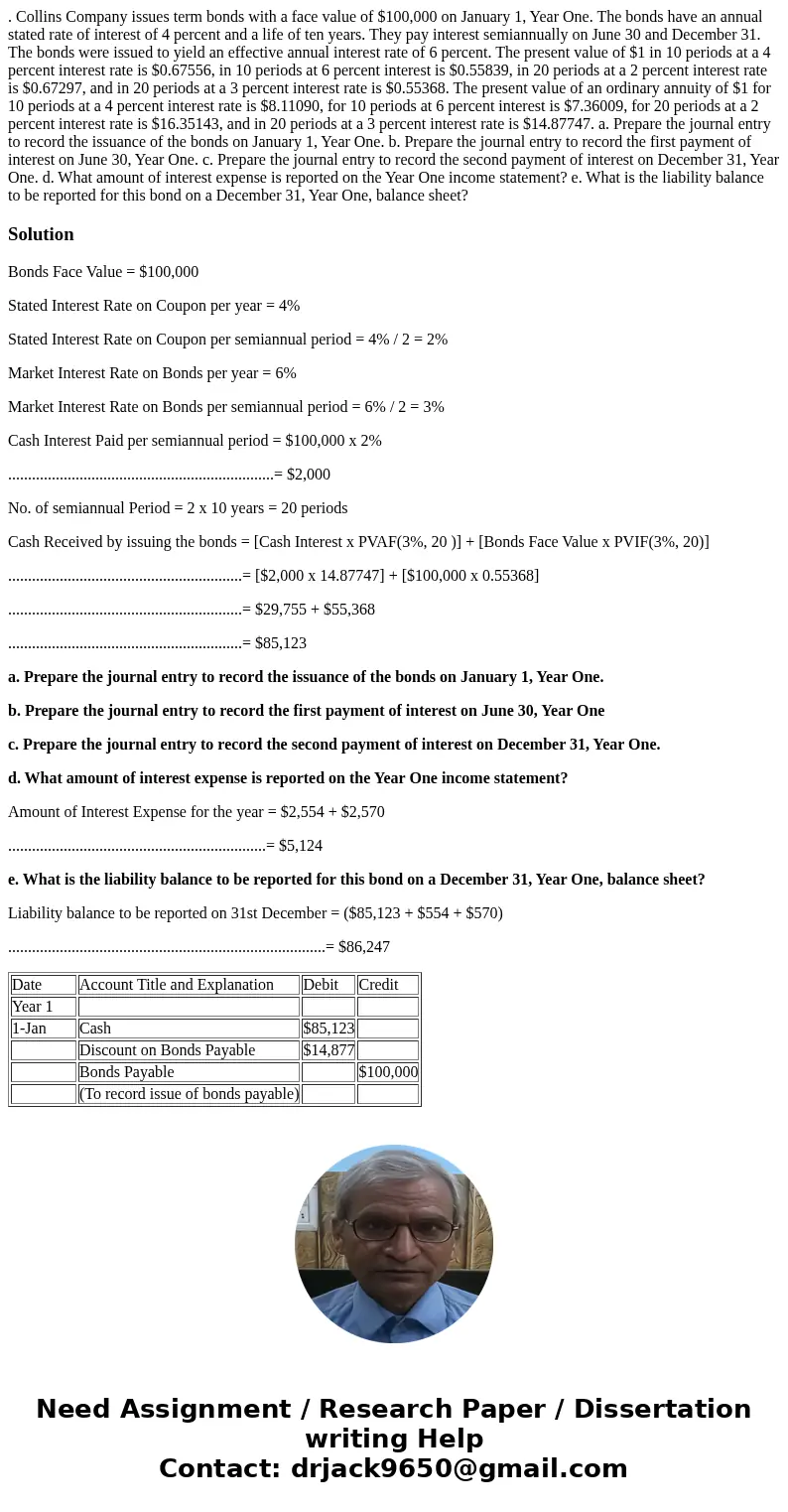 . Collins Company issues term bonds with a face value of $100,000 on January 1, Year One. The bonds have an annual stated rate of interest of 4 percent and a li