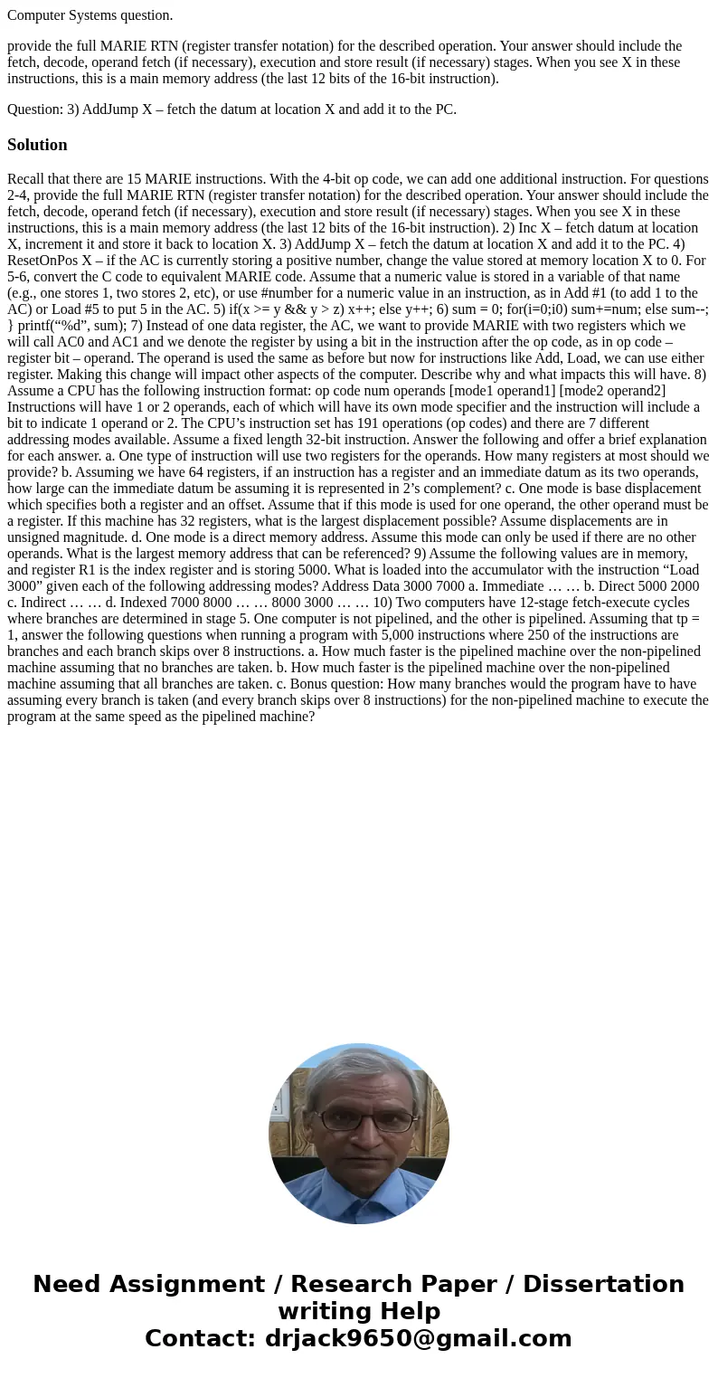 Computer Systems question. provide the full MARIE RTN (register transfer notation) for the described operation. Your answer should include the fetch, decode, op