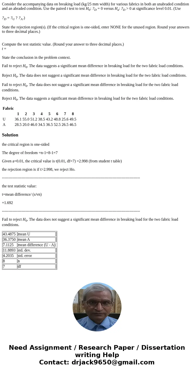Consider the accompanying data on breaking load (kg/25 mm width) for various fabrics in both an unabraded condition and an abraded condition. Use the paired t t
