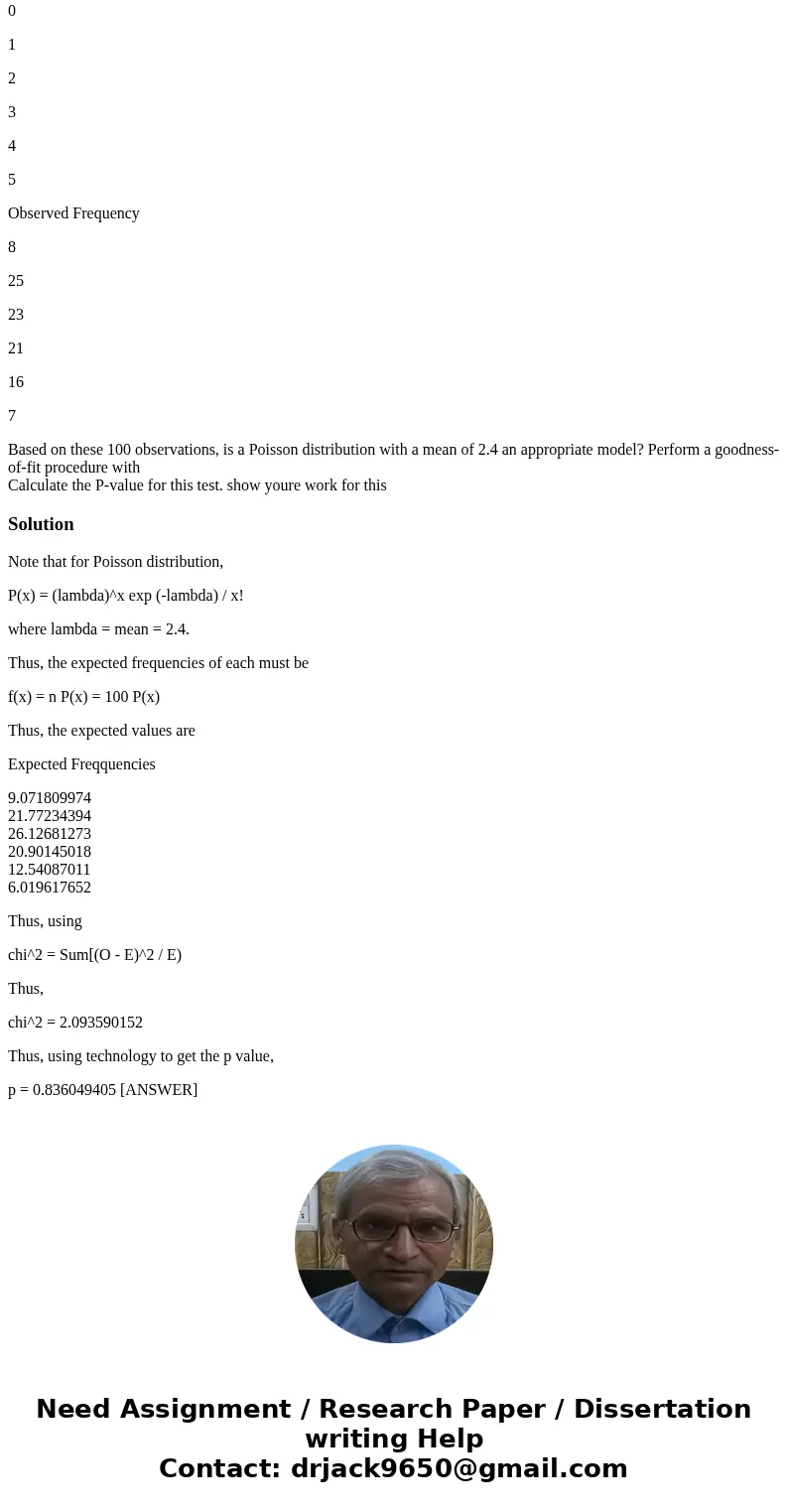 Consider the following frequency table of observation on the random variable X. Values 0 1 2 3 4 5 Observed Frequency 8 25 23 21 16 7 Based on these 100 observa