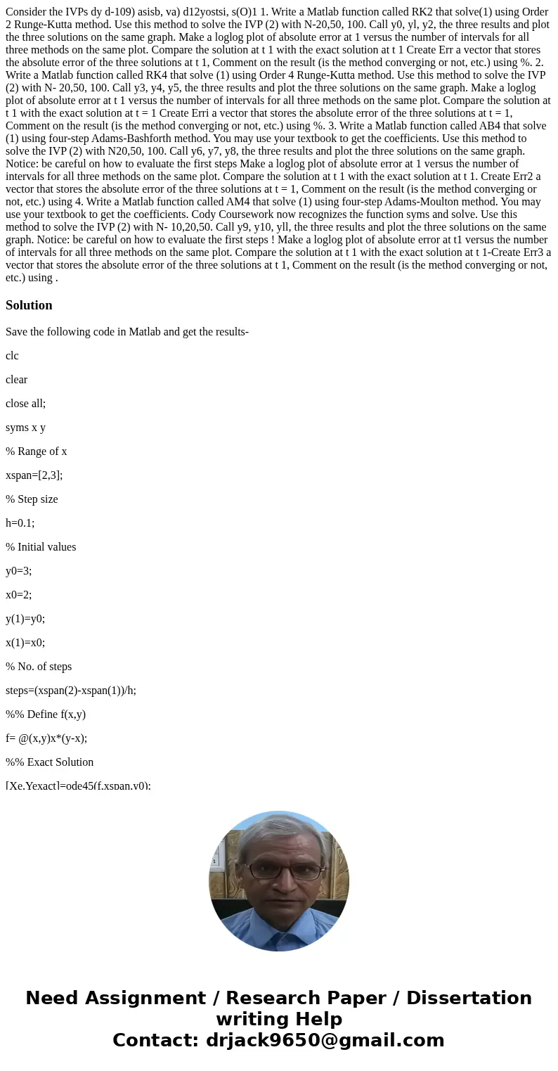  Consider the IVPs dy d-109) asisb, va) d12yostsi, s(O)1 1. Write a Matlab function called RK2 that solve(1) using Order 2 Runge-Kutta method. Use this method t