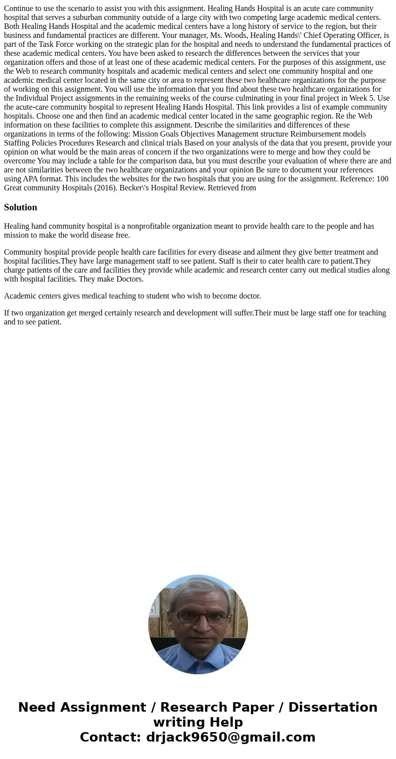  Continue to use the scenario to assist you with this assignment. Healing Hands Hospital is an acute care community hospital that serves a suburban community ou