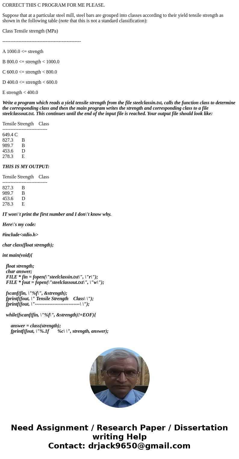 CORRECT THIS C PROGRAM FOR ME PLEASE. Suppose that at a particular steel mill, steel bars are grouped into classes according to their yield tensile strength as  CORRECT THIS C PROGRAM FOR ME PLEASE. Suppose that at a particular steel mill, steel bars are grouped into classes according to their yield tensile strength as