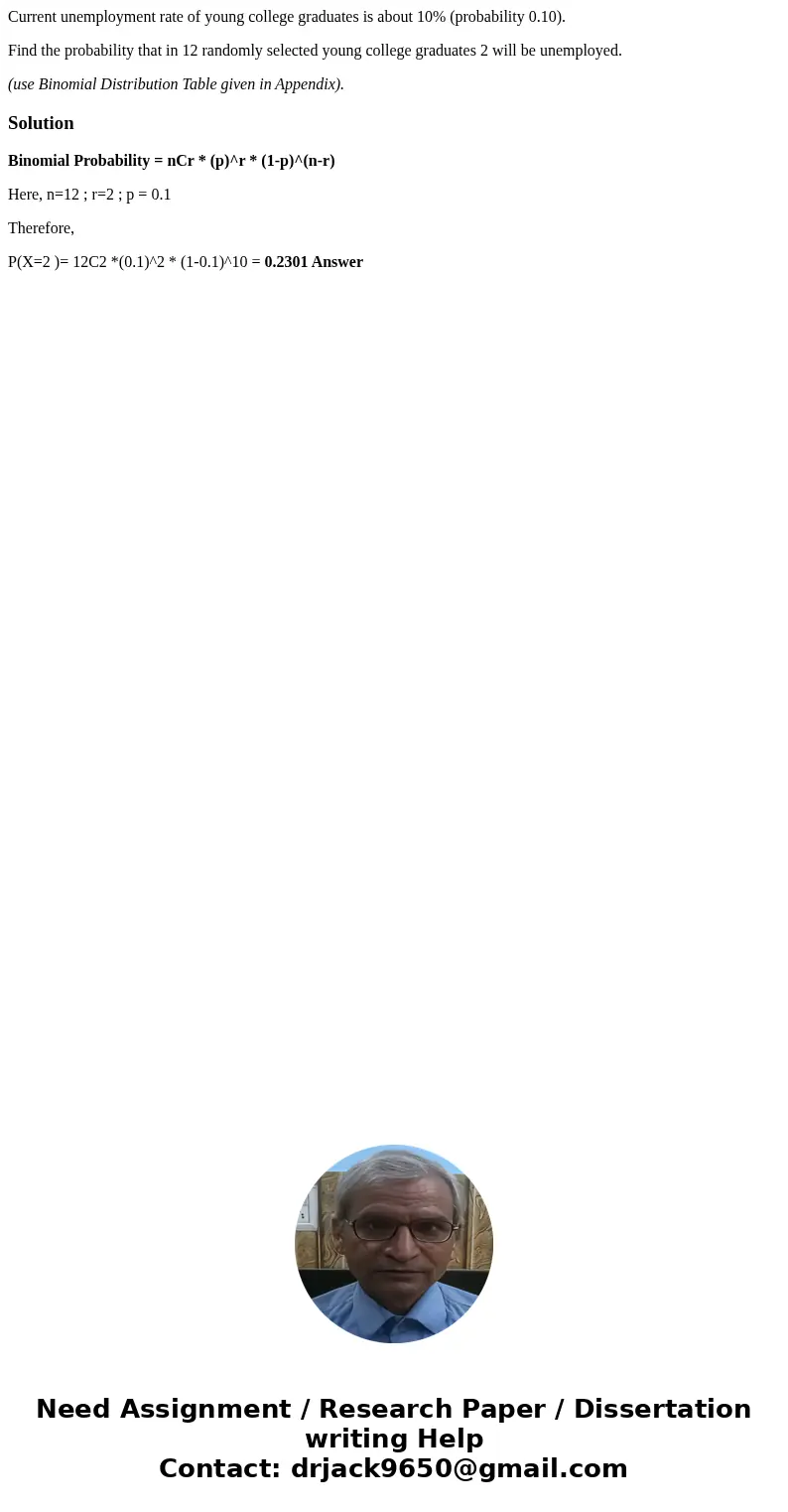 Current unemployment rate of young college graduates is about 10% (probability 0.10). Find the probability that in 12 randomly selected young college graduates  Current unemployment rate of young college graduates is about 10% (probability 0.10). Find the probability that in 12 randomly selected young college graduates