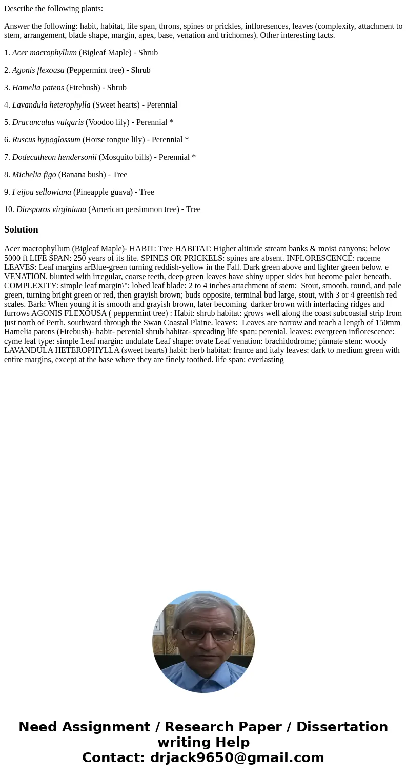Describe the following plants: Answer the following: habit, habitat, life span, throns, spines or prickles, infloresences, leaves (complexity, attachment to ste Describe the following plants: Answer the following: habit, habitat, life span, throns, spines or prickles, infloresences, leaves (complexity, attachment to ste