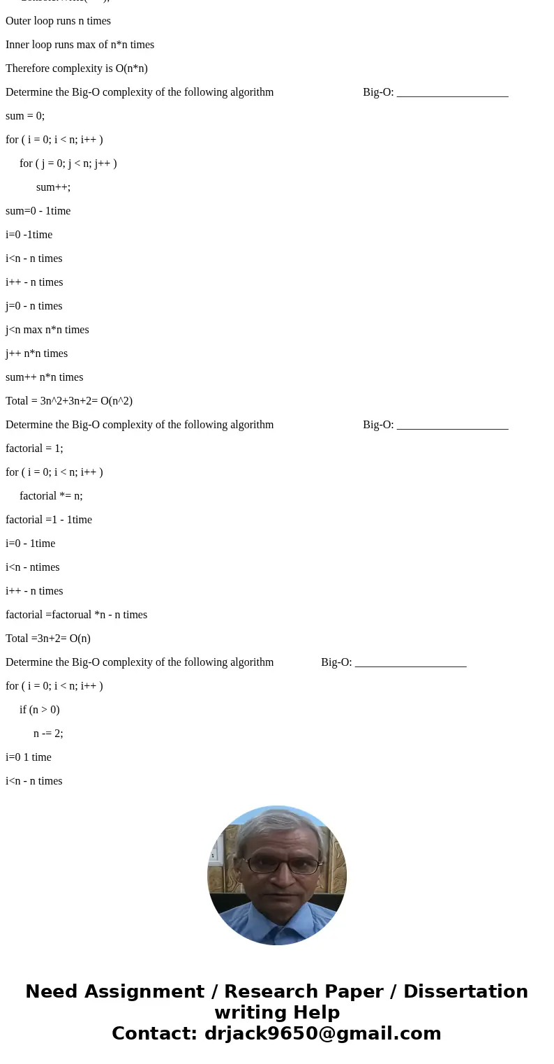 Determine the Big-O complexity of the following algorithm Big-O: ____________________ for ( i = 0; i < n; i++ ) Console.Write(“-“); for ( j = 0; j < n; j+ Determine the Big-O complexity of the following algorithm Big-O: ____________________ for ( i = 0; i < n; i++ ) Console.Write(“-“); for ( j = 0; j < n; j+
