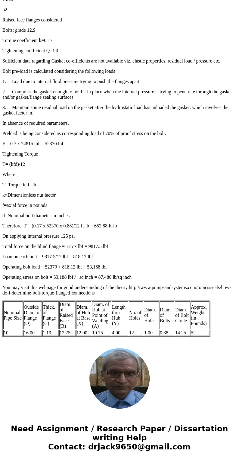 Determine the required bolt preload, tightening torque, and the operating bolt stress for a joint with the following conditions: 10\