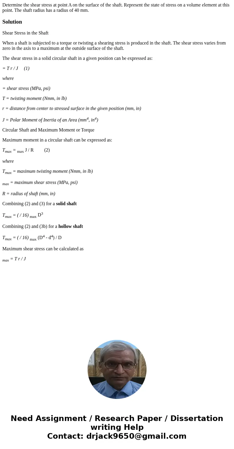  Determine the shear stress at point A on the surface of the shaft. Represent the state of stress on a volume element at this point. The shaft radius has a radi
