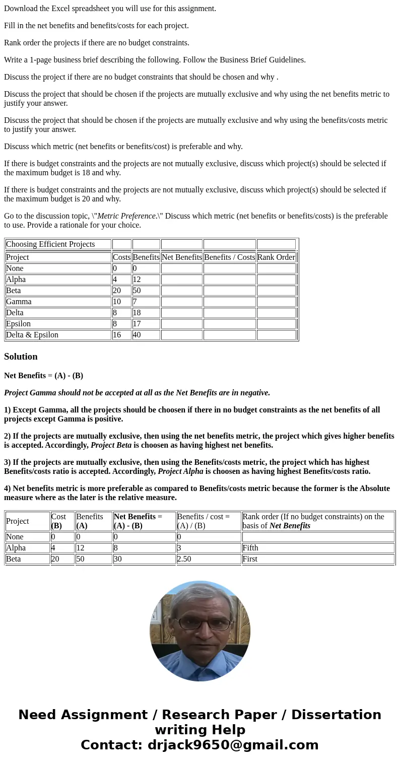 Download the Excel spreadsheet you will use for this assignment. Fill in the net benefits and benefits/costs for each project. Rank order the projects if there 
