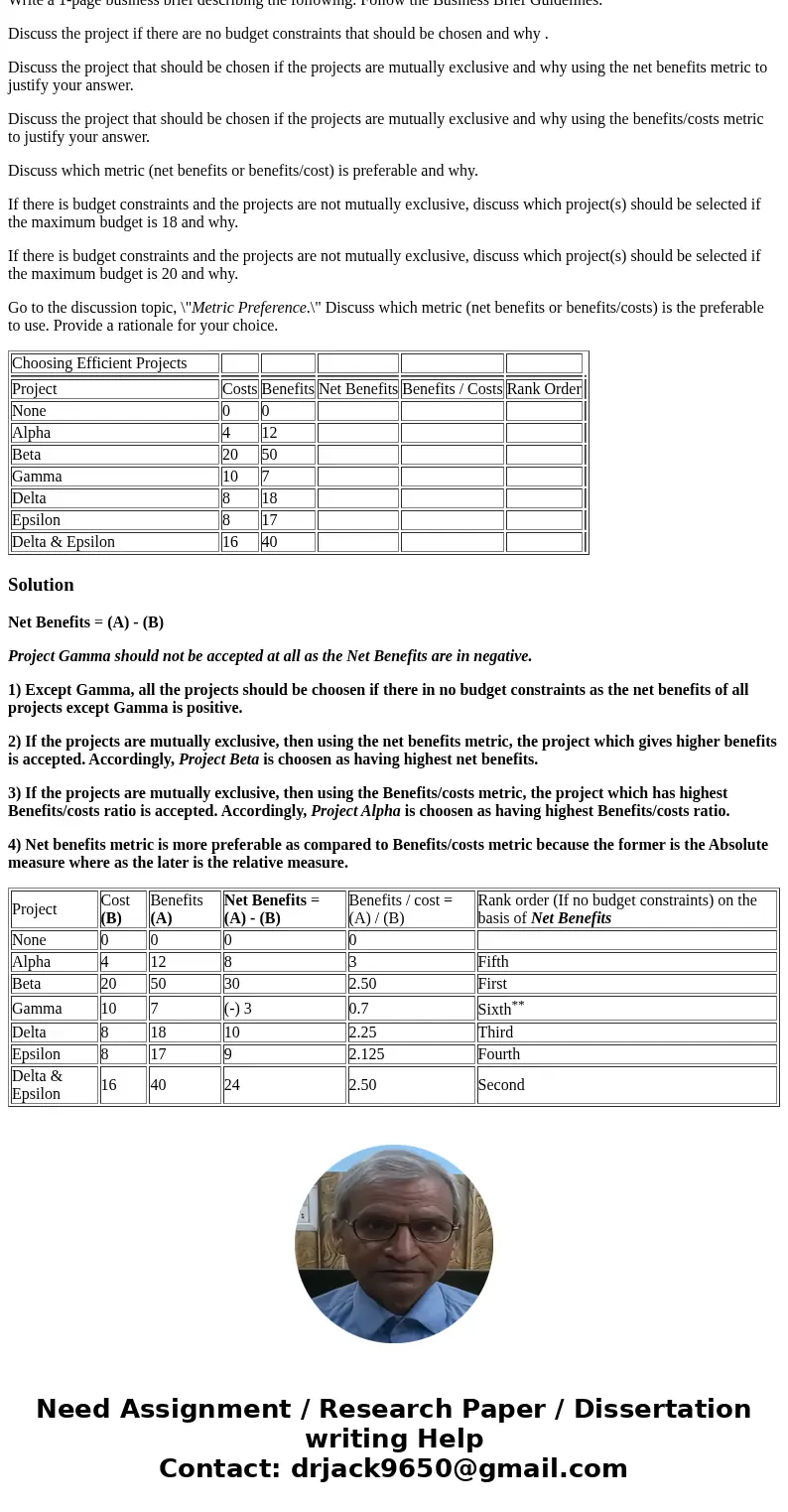 Download the Excel spreadsheet you will use for this assignment. Fill in the net benefits and benefits/costs for each project. Rank order the projects if there 
