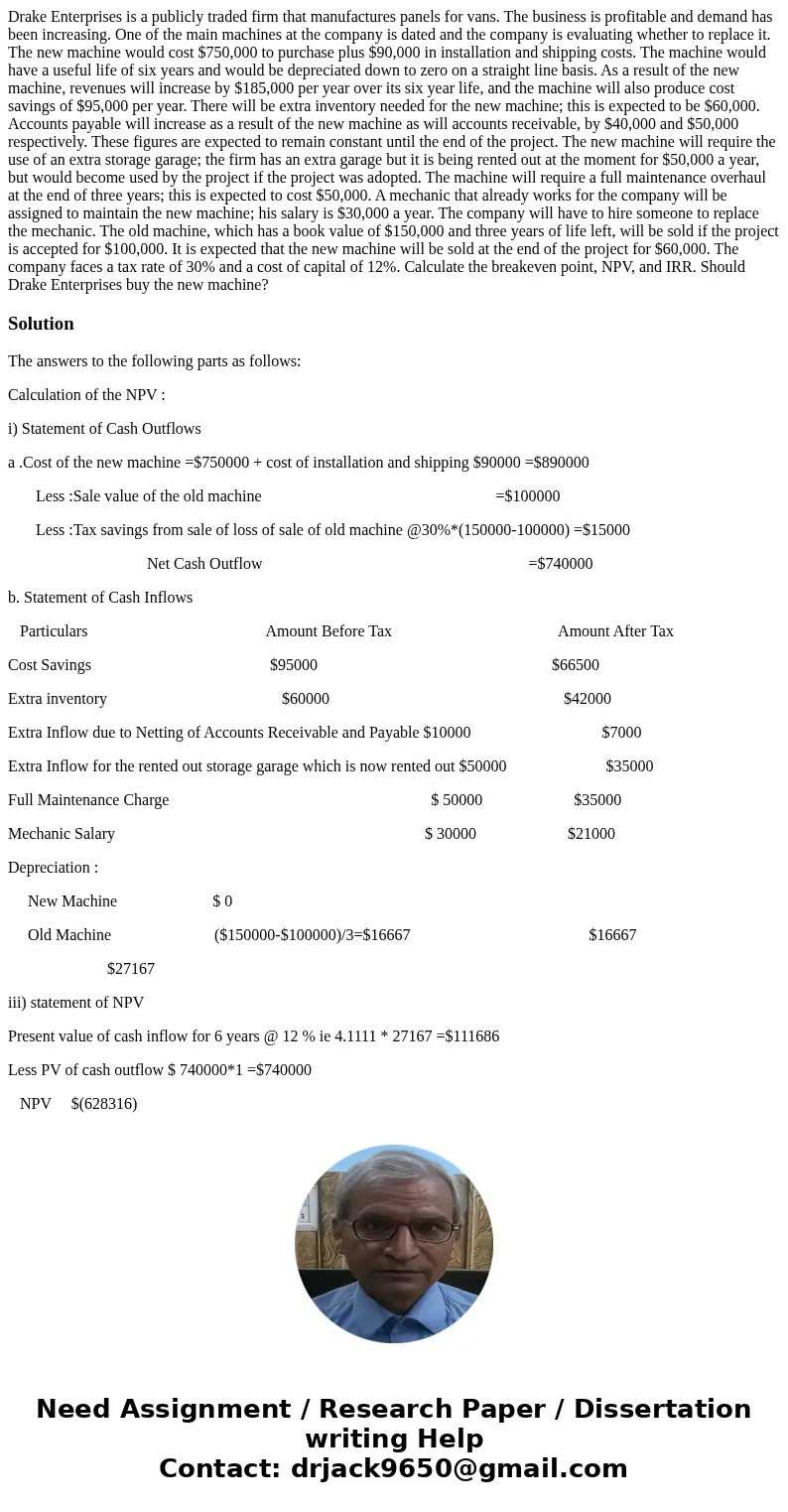 Drake Enterprises is a publicly traded firm that manufactures panels for vans. The business is profitable and demand has been increasing. One of the main machin Drake Enterprises is a publicly traded firm that manufactures panels for vans. The business is profitable and demand has been increasing. One of the main machin