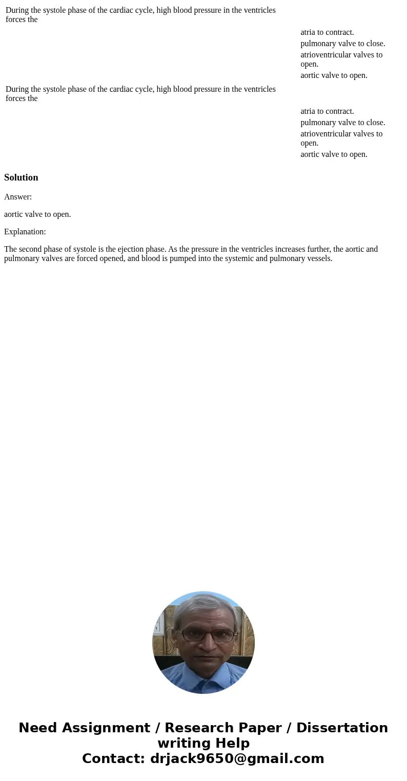 During the systole phase of the cardiac cycle, high blood pressure in the ventricles forces the atria to contract. pulmonary valve to close. atrioventricular v  During the systole phase of the cardiac cycle, high blood pressure in the ventricles forces the atria to contract. pulmonary valve to close. atrioventricular v