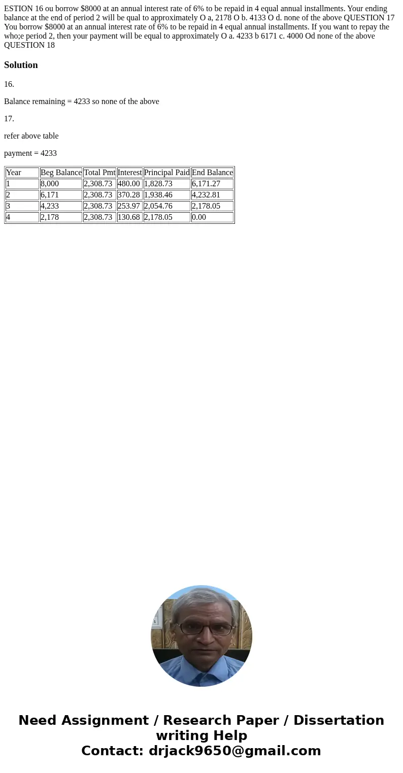  ESTION 16 ou borrow $8000 at an annual interest rate of 6% to be repaid in 4 equal annual installments. Your ending balance at the end of period 2 will be qual