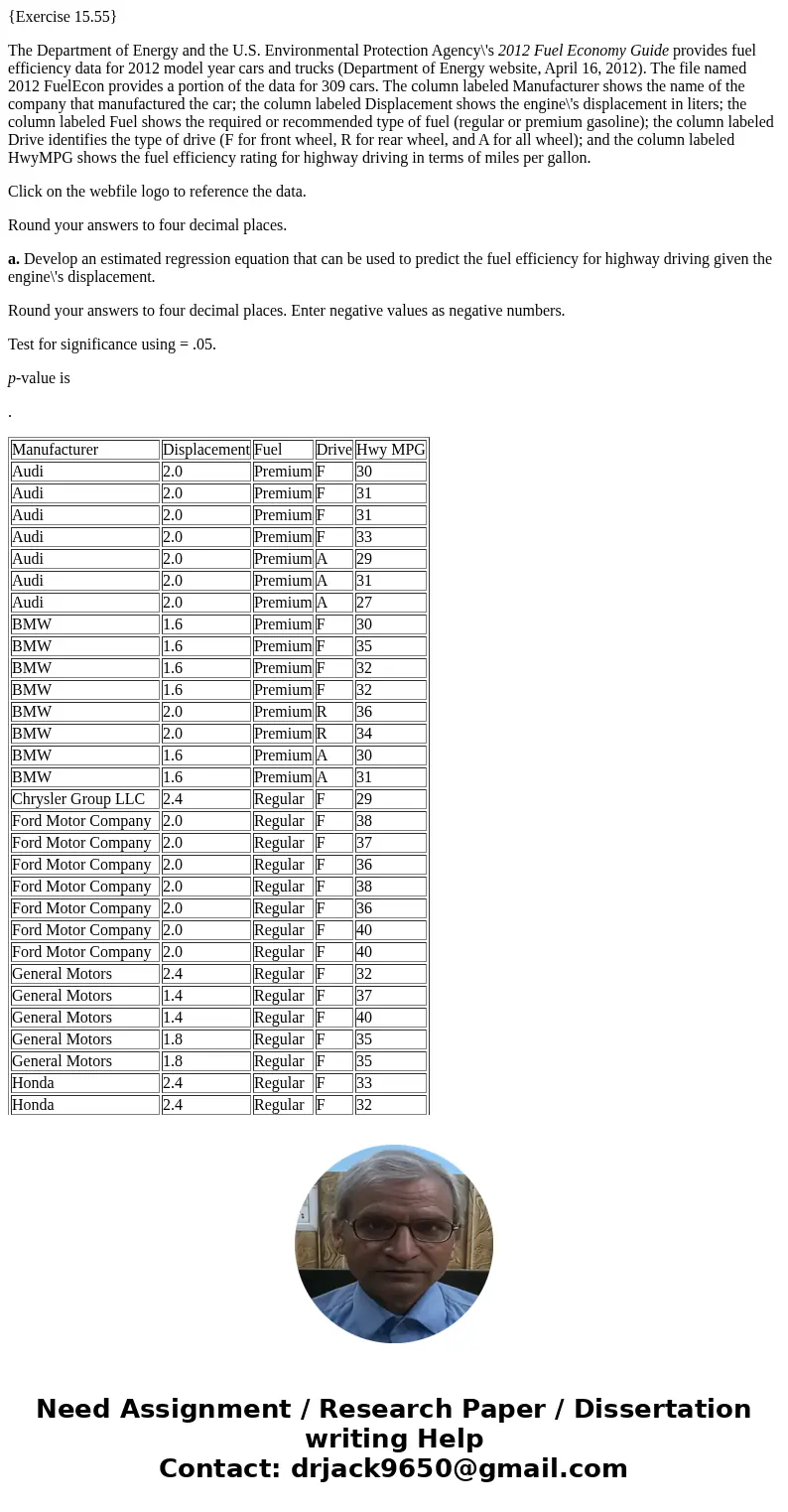 {Exercise 15.55} The Department of Energy and the U.S. Environmental Protection Agency\'s 2012 Fuel Economy Guide provides fuel efficiency data for 2012 model y {Exercise 15.55} The Department of Energy and the U.S. Environmental Protection Agency\'s 2012 Fuel Economy Guide provides fuel efficiency data for 2012 model y