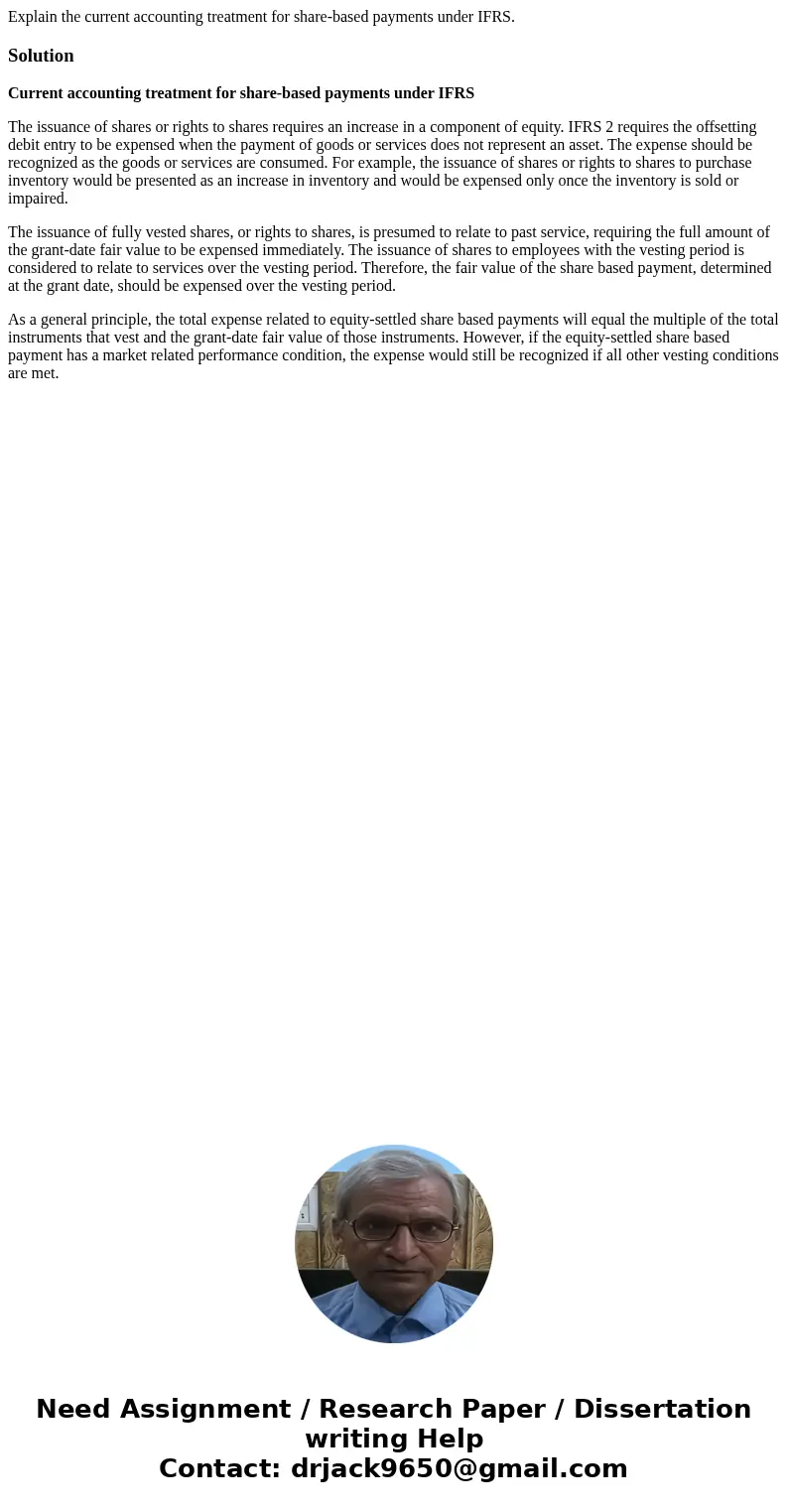 Explain the current accounting treatment for share-based payments under IFRS.SolutionCurrent accounting treatment for share-based payments under IFRS The issuan