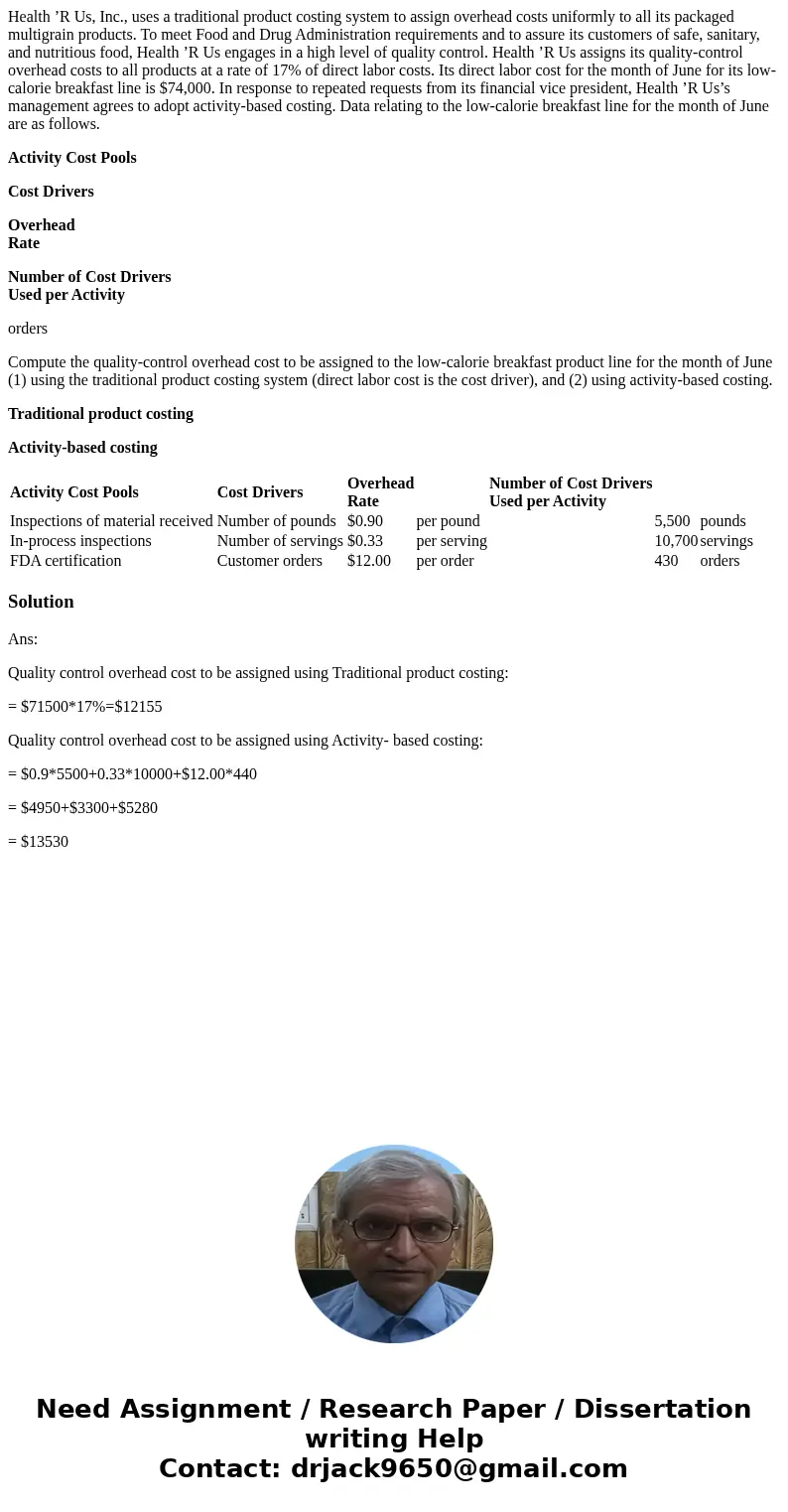 Health ’R Us, Inc., uses a traditional product costing system to assign overhead costs uniformly to all its packaged multigrain products. To meet Food and Drug 