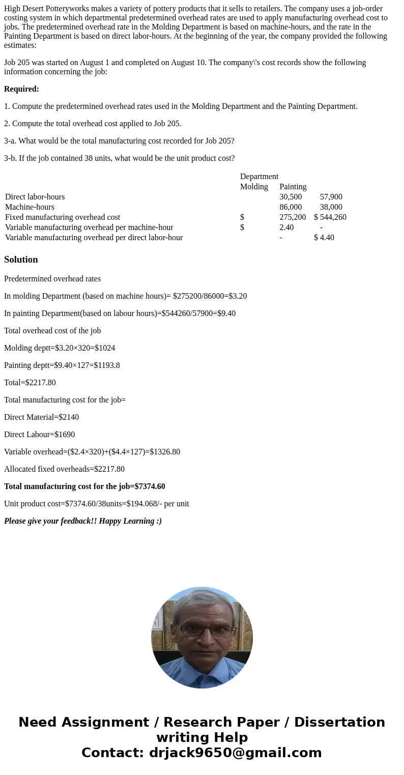 High Desert Potteryworks makes a variety of pottery products that it sells to retailers. The company uses a job-order costing system in which departmental prede